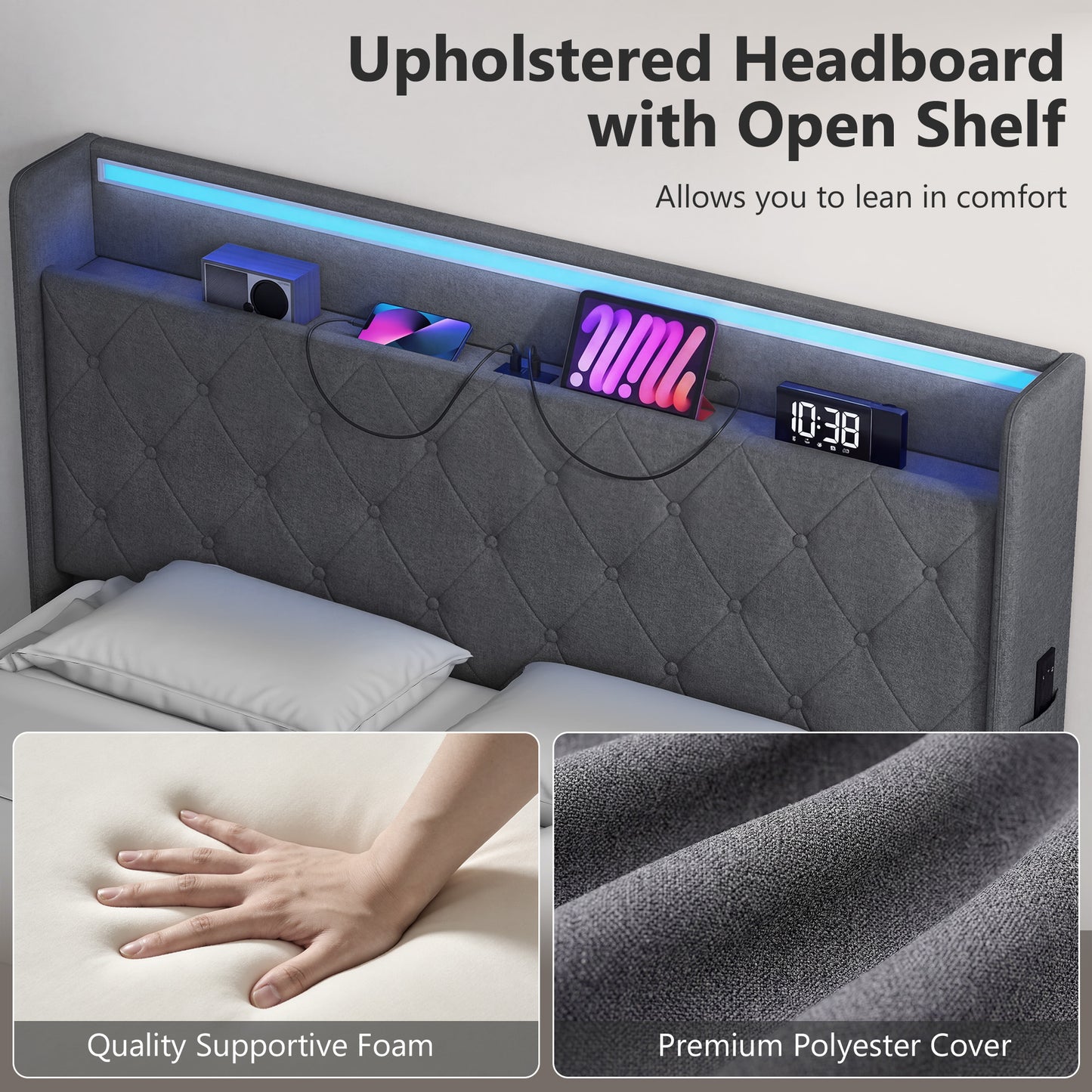 HOMCOM 4ft6 Double Bed Frame With Headboard And Hydraulic Storage LED Lights And USB Charging Station Grey