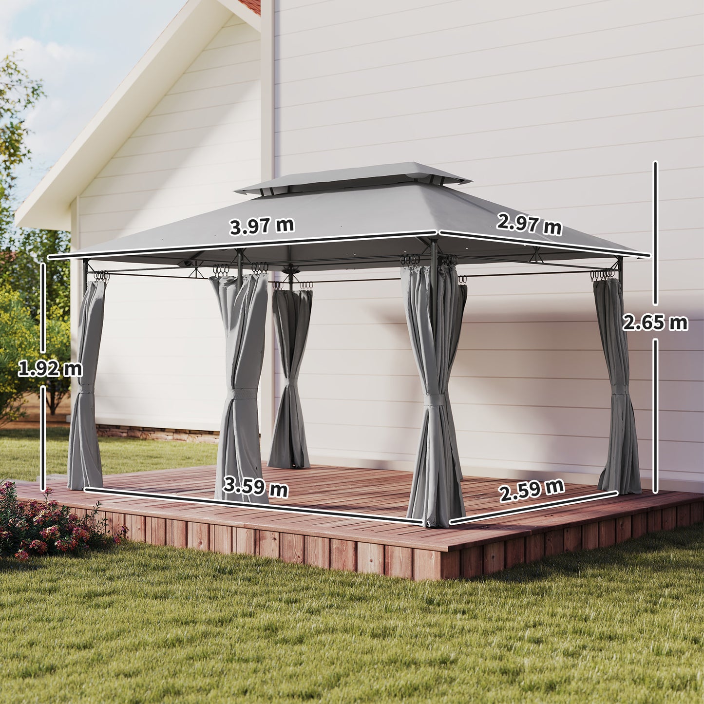 Outsunny 3x4m Metal Frame Gazebo With Two Tier Roof In Dark Grey For Outdoor Parties And Relaxation