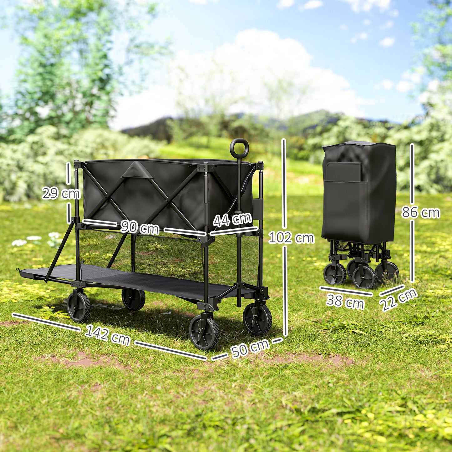 Outsunny Double Deck Folding Festival Wagon on Wheels 200kg 350L Capacity 134cm Extended for Camping Garden Beach