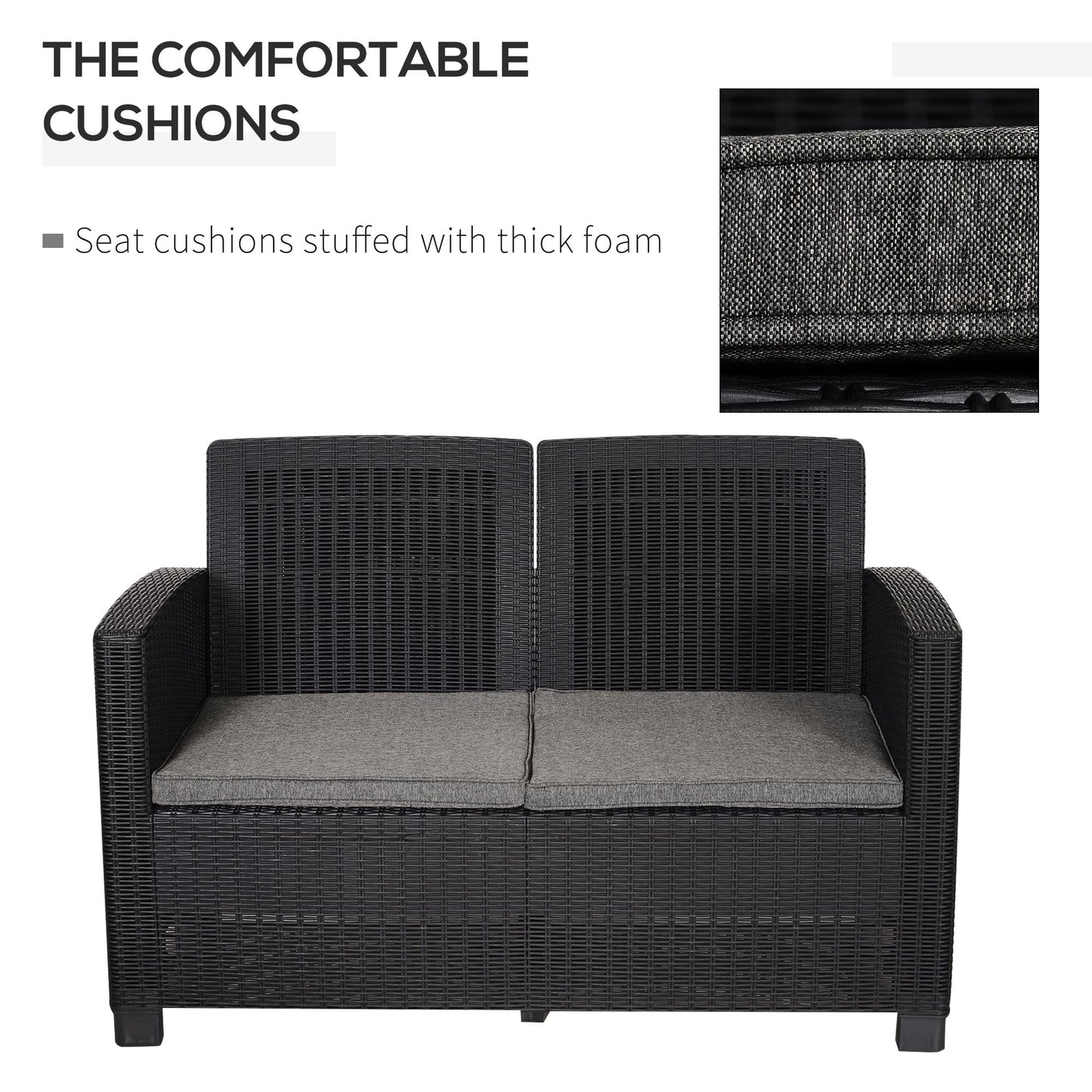 Outsunny Black Rattan-Style Outdoor Sofa Set for 4 - Includes 2 Chairs, 1 Bench, and Coffee Table with Cushions - ALL4U RETAILER LTD