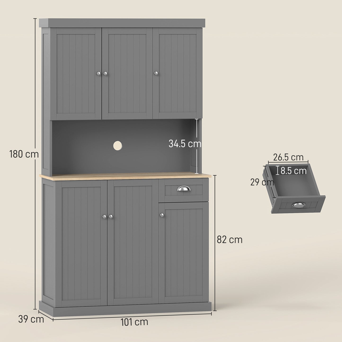 HOMCOM 180cm Freestanding Kitchen Cabinet Grey With Open Countertop Drawer And 6 Doors Modern Storage