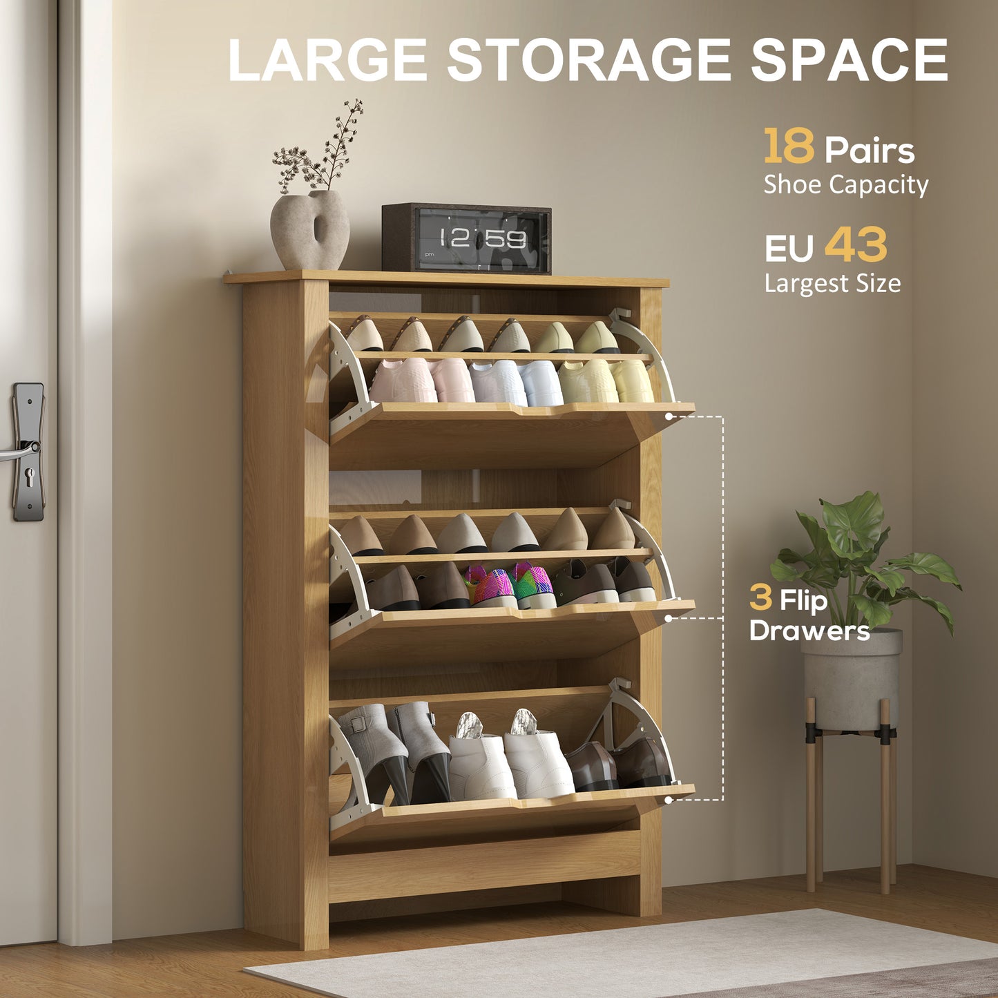 HOMCOM Slim Shoe Cabinet Narrow Cupboard With 3 Drawers And Adjustable Shelves For 18 Pairs Natural Wood Finish