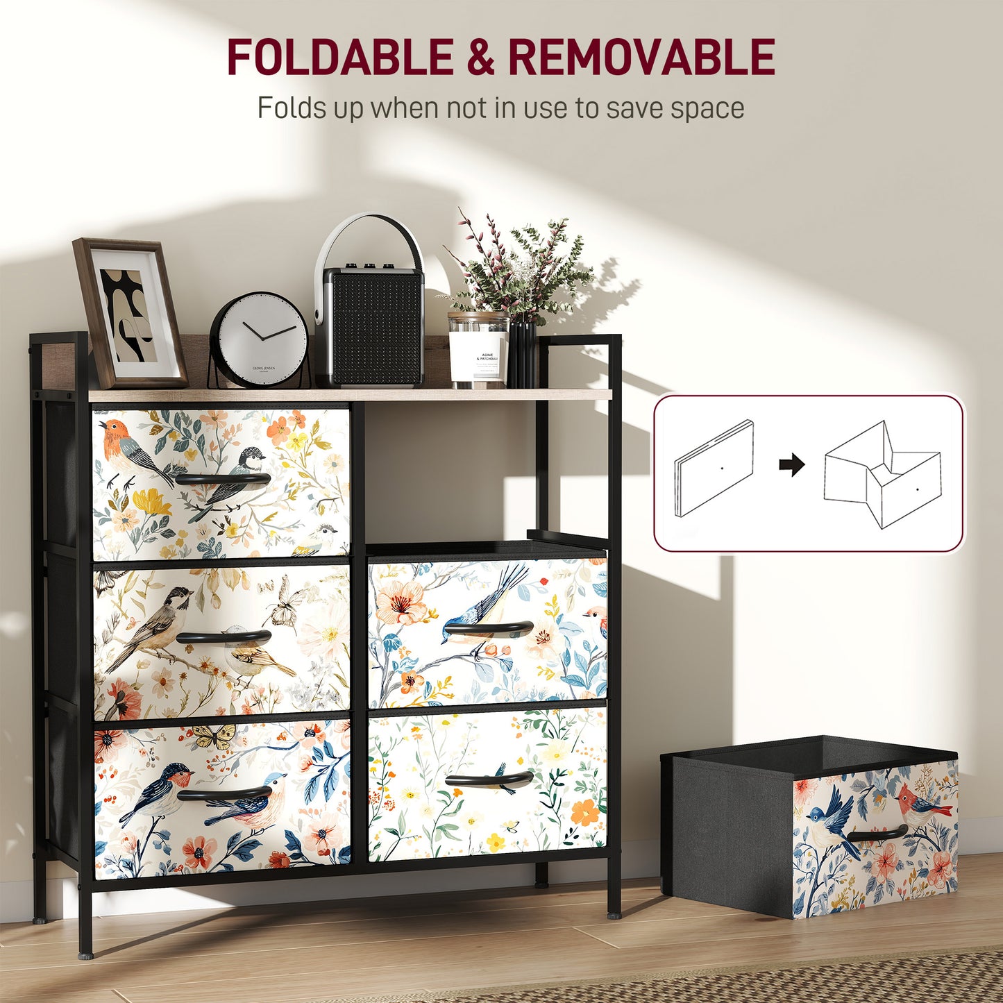 HOMCOM 6 Drawer Fabric Chest of Drawers White with Removable Foldable Drawers and Patterned Panels