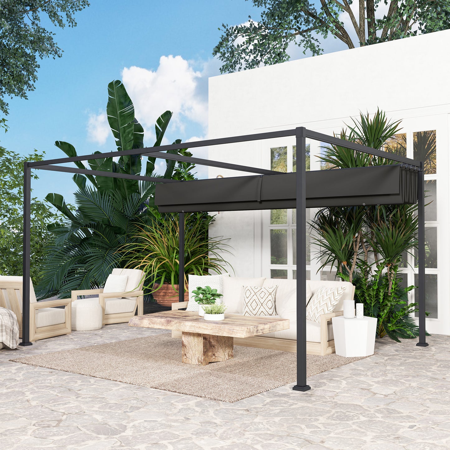 Outsunny 4m by 3m Metal Pergola Retractable Canopy Roof Black Garden Patio Shade