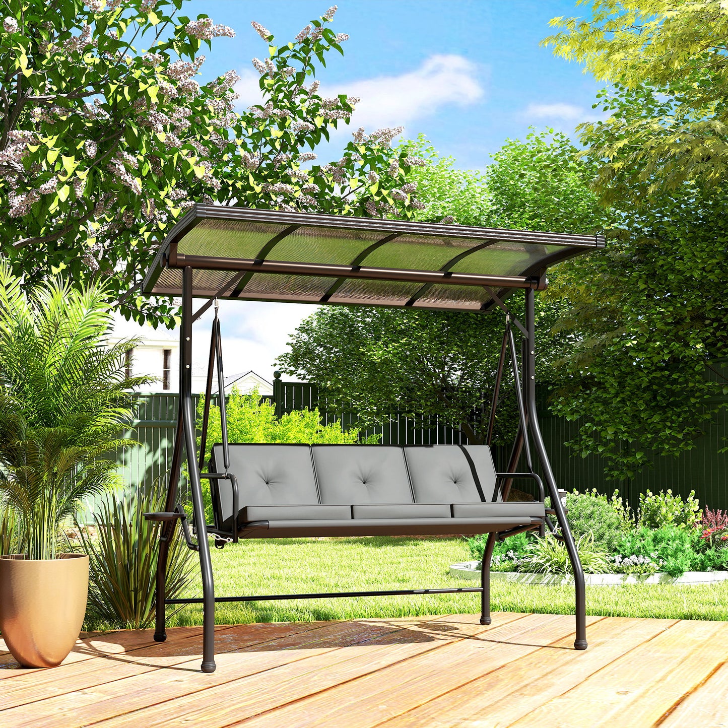 Outsunny Convertible Three Seater Swing Bench Bed With 90 Degree Canopy Side Cup Trays UPF30 Shade Dark Grey
