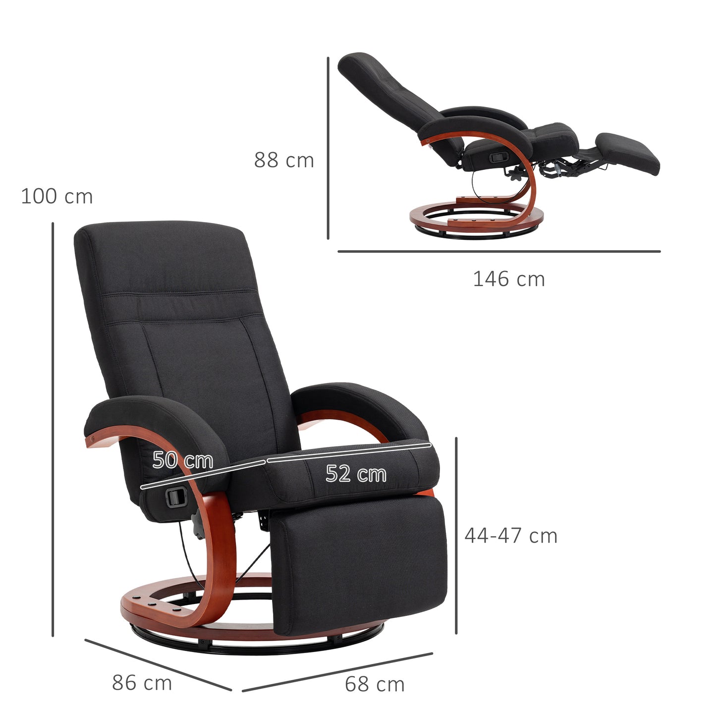 HOMCOM 135 Degree Manual Reclining Swivel Chair With Footrest Black For Office And Living Room