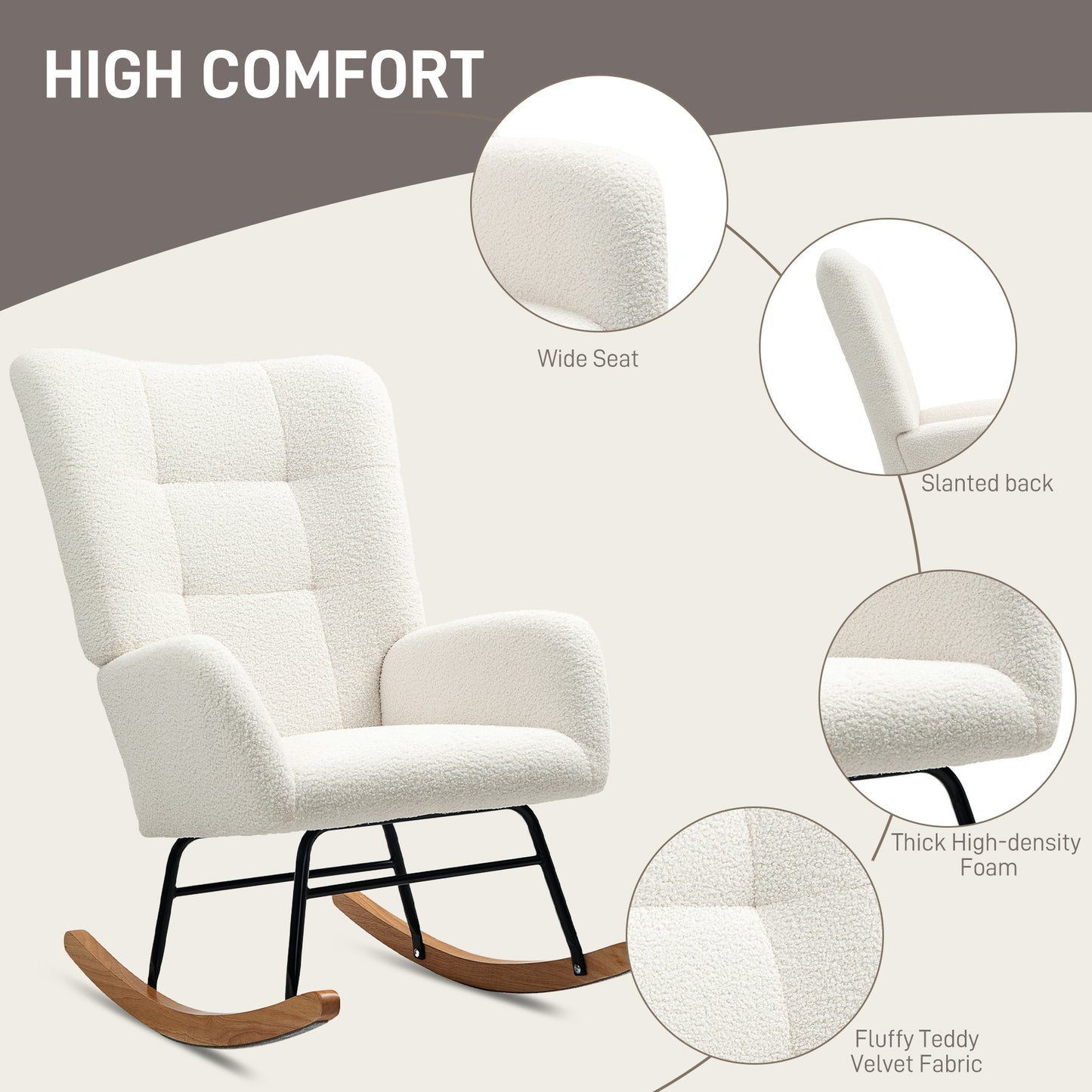 HOMCOM Teddy Fleece Rocking Chair Cream White With High Density Foam Upholstery And Gentle 90 To 115 Degree Sway