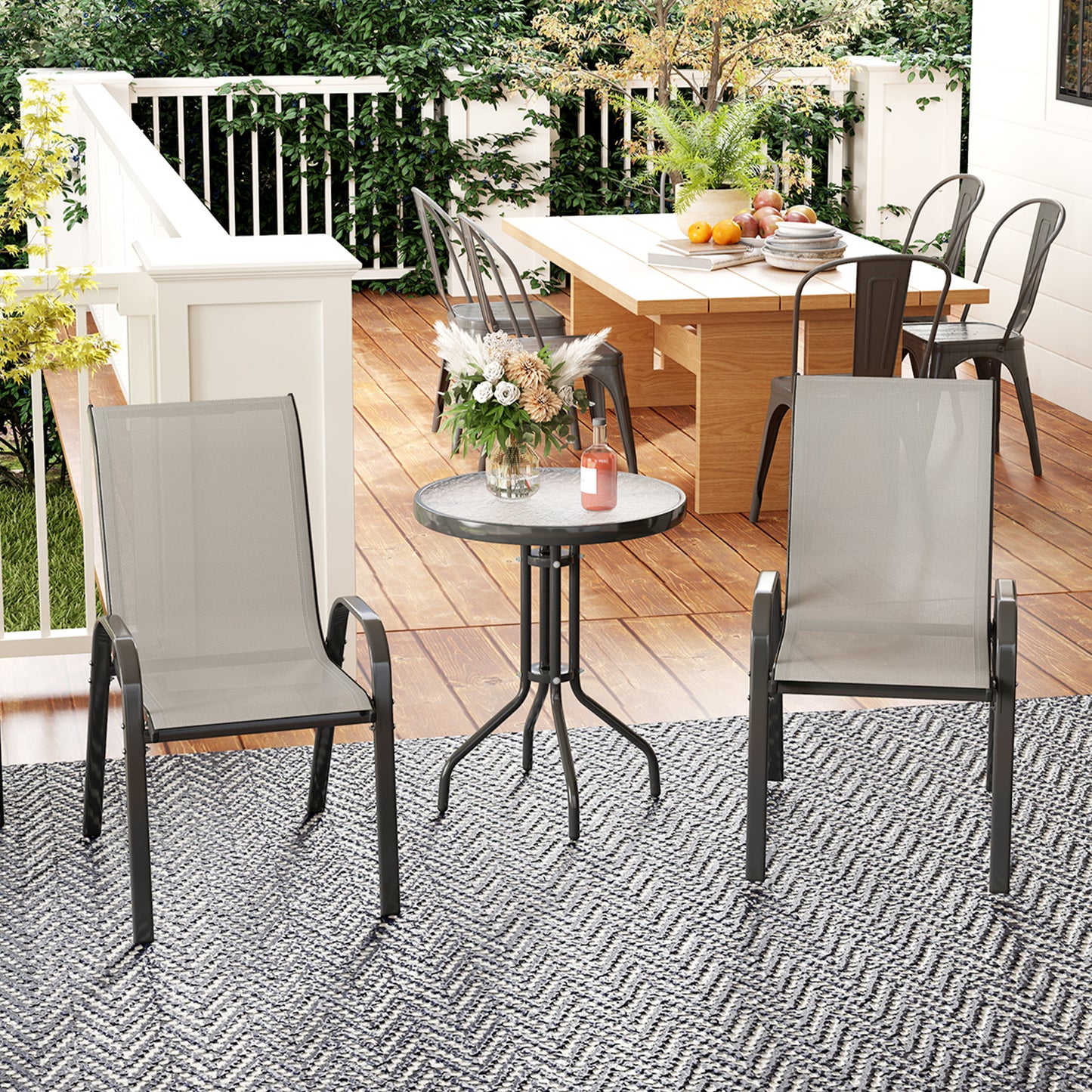 Outsunny Three Piece Outdoor Garden Set In Light Grey With Round Table And Stackable Chairs For Patio And Garden