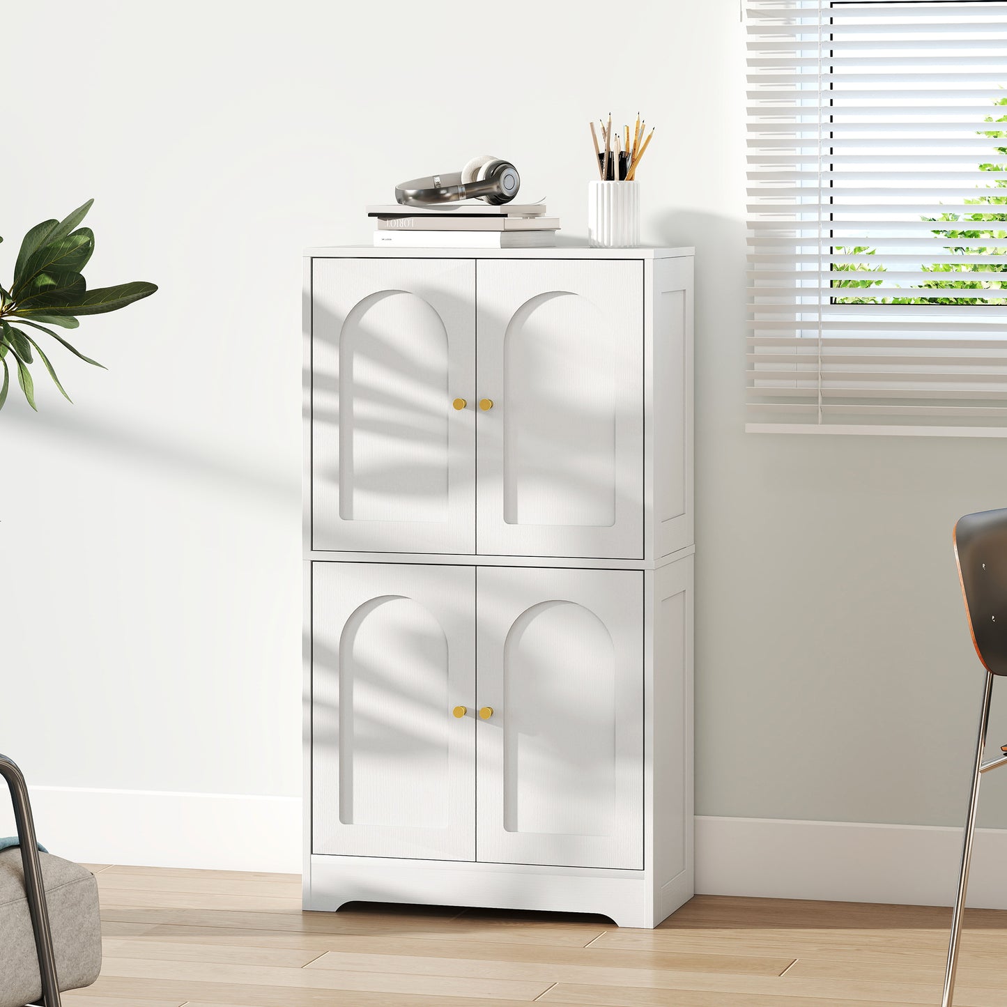 HOMCOM White 4 Door Kitchen Storage Cabinet With Adjustable Shelves Arched Door Panels And Gold Tone Handles