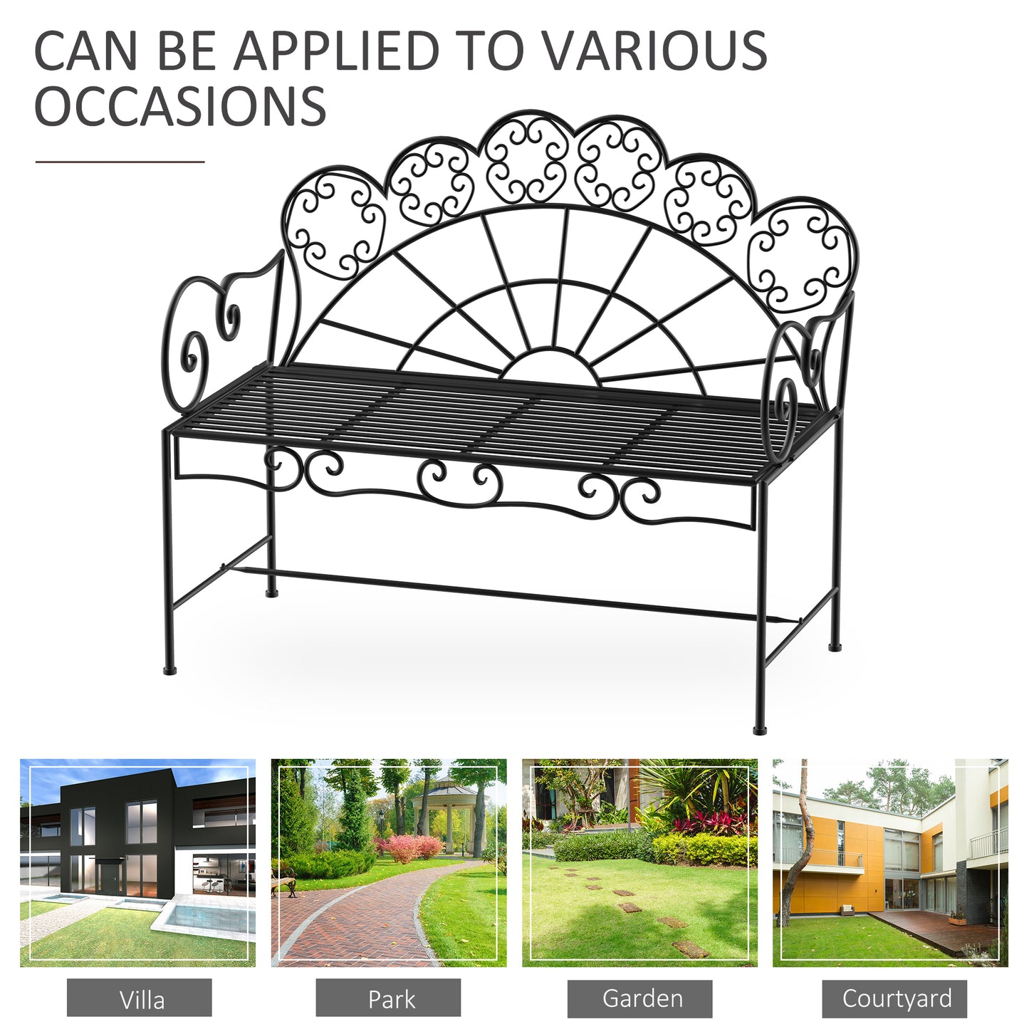 Outsunny Metal Garden Bench Loveseat With Slatted Seat Black Outdoor Patio Furniture Durable Weatherproof
