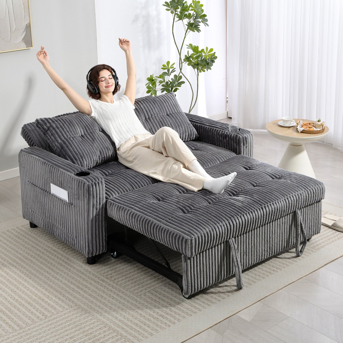 HOMCOM 2 Seater Click Clack Sofa Bed With Pull Out Design In Corduroy Upholstery Charcoal Grey