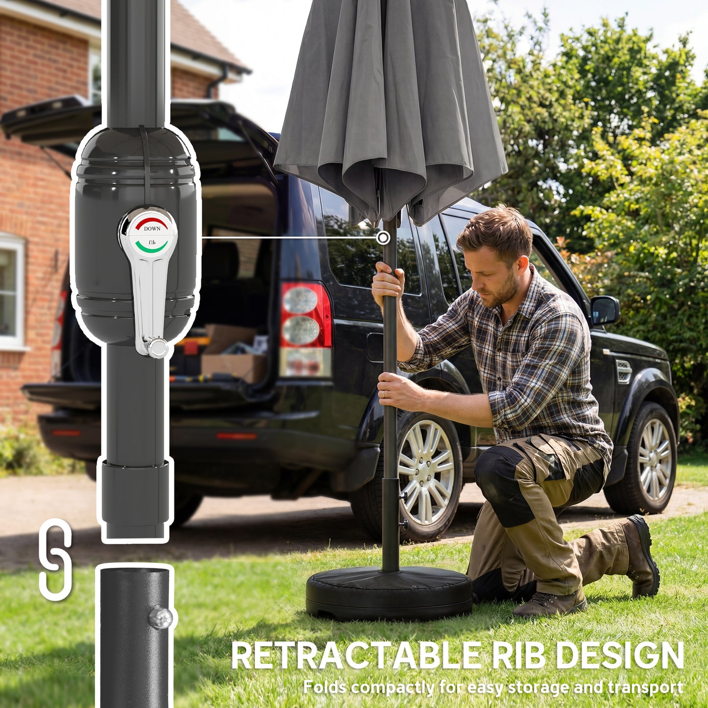 Outsunny 2.7 m Parasol Umbrella With Cross Base And Sandbag Retractable Ribs Outdoor Table Market Umbrella Light Grey