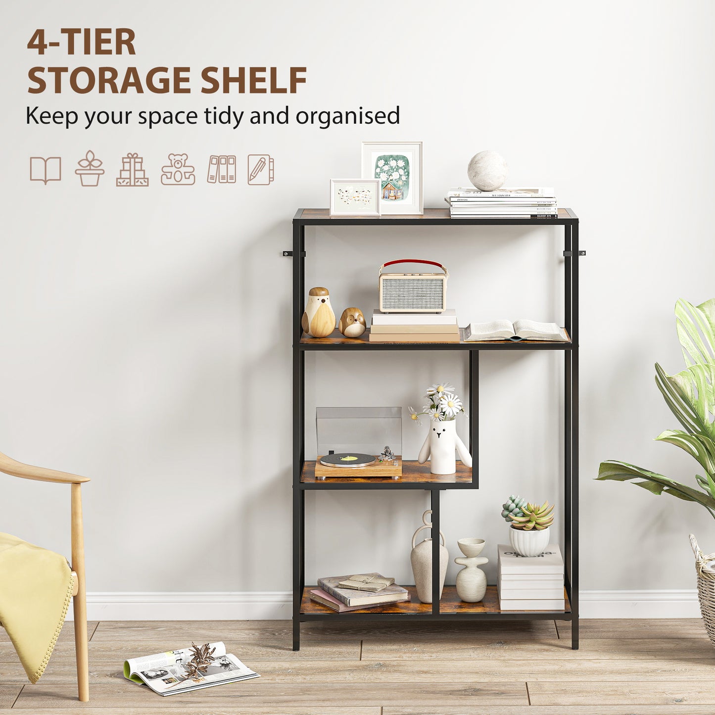 HOMCOM 4 Tier Bookshelf With Open Shelves Rustic Brown Wood Finish Black Frame Industrial Style Storage