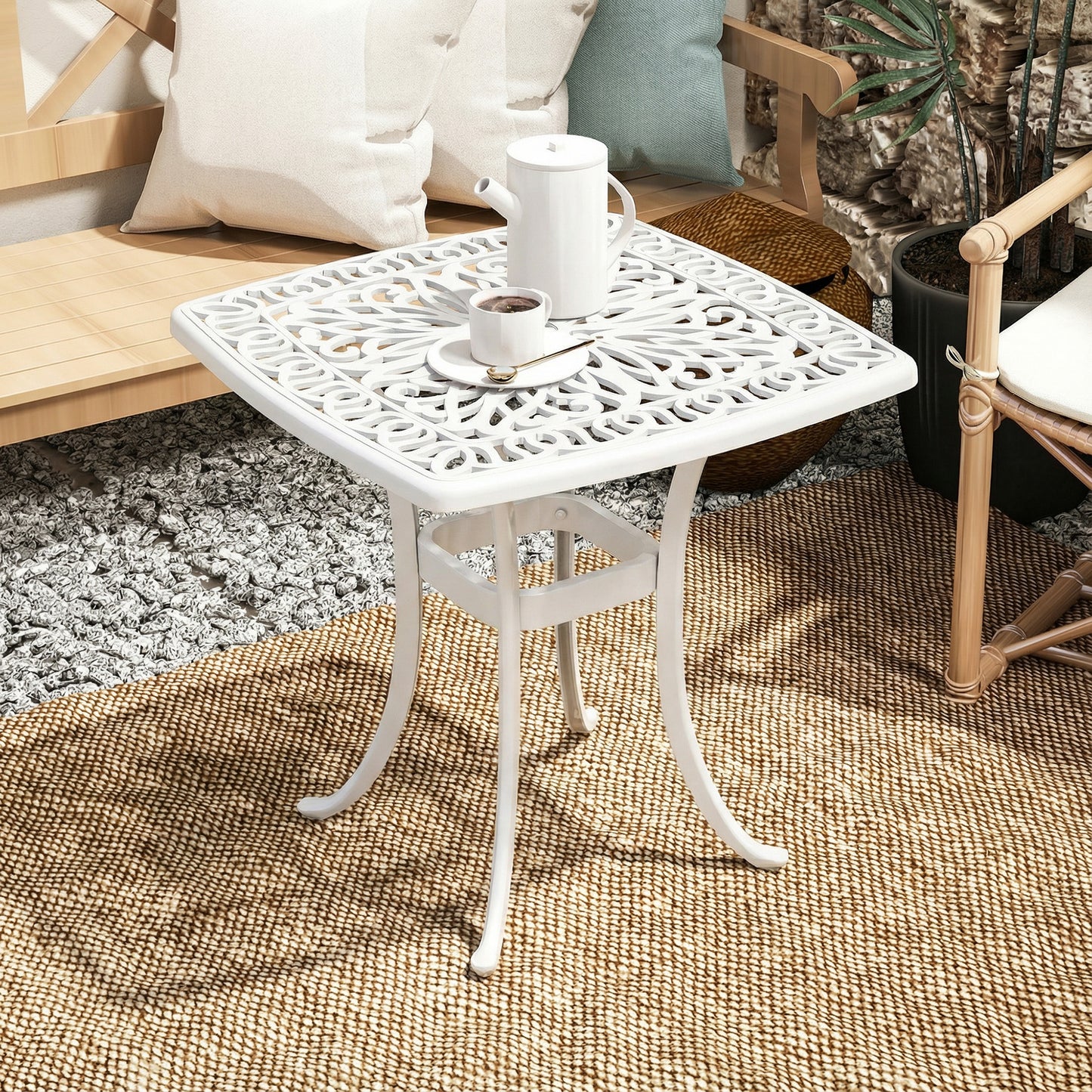 Outsunny Outdoor Cast Aluminium Patio End Table For Garden With 38mm Umbrella Hole And Anti Slip Foot Pads