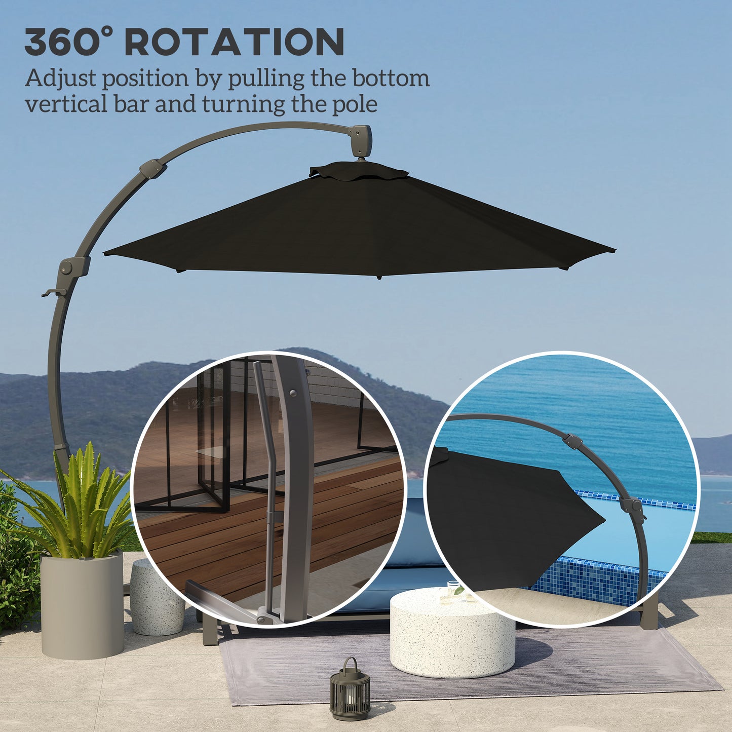 Outsunny 3m Cantilever Parasol Round Overhang Umbrella With Crank Handle Base Aluminum Frame 360Rotation Banana Black