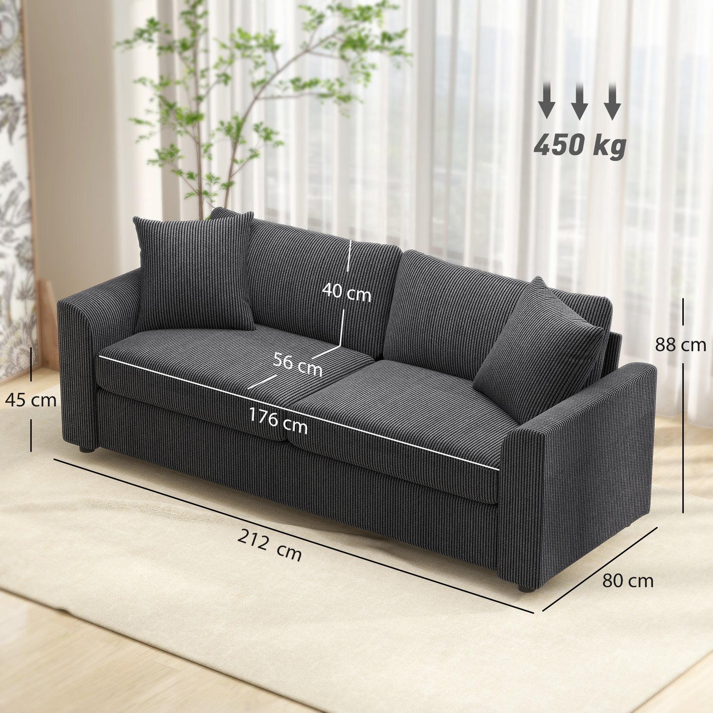 HOMCOM Modern 3 Seater Sofa 212 cm Corduroy Fabric With Spring Cushions And 2 Scatter Cushions Grey Living Room