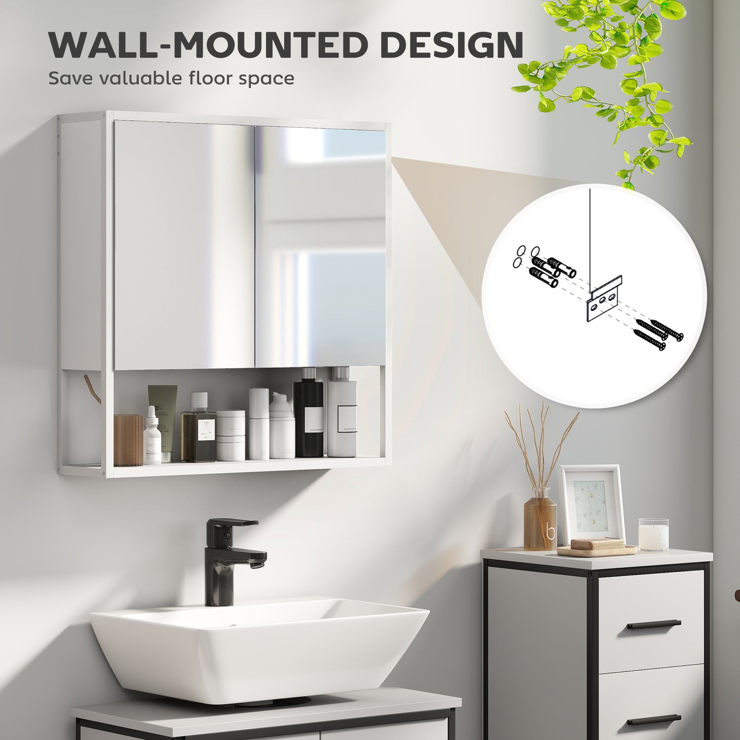 HOMCOM White Bathroom Mirror Cabinet With Soft Close Doors And Adjustable Shelf Storage