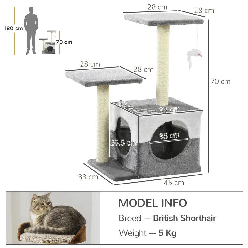 PawHut Cat Tree with Sisal Scratching Posts, House, Perches, Toy Mouse - Grey | Interactive Cat Furniture for Entertainment and Exercise - ALL4U RETAILER LTD