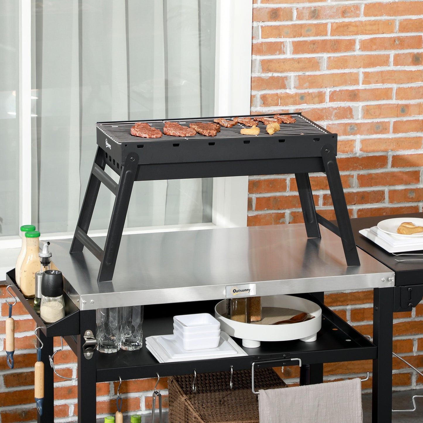 Outsunny Foldable Charcoal Grill Portable Black For Outdoor Camping And Travel With Pull Out Charcoal Basin