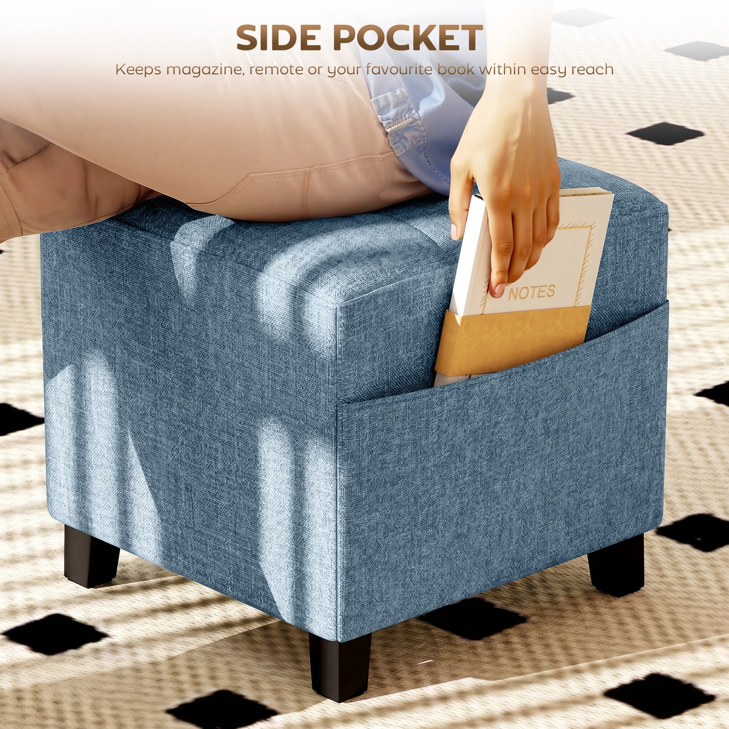 HOMCOM Small Ottoman Square Footstool With Side Pocket Rubber Wood Legs And Padded Seat Dark Blue
