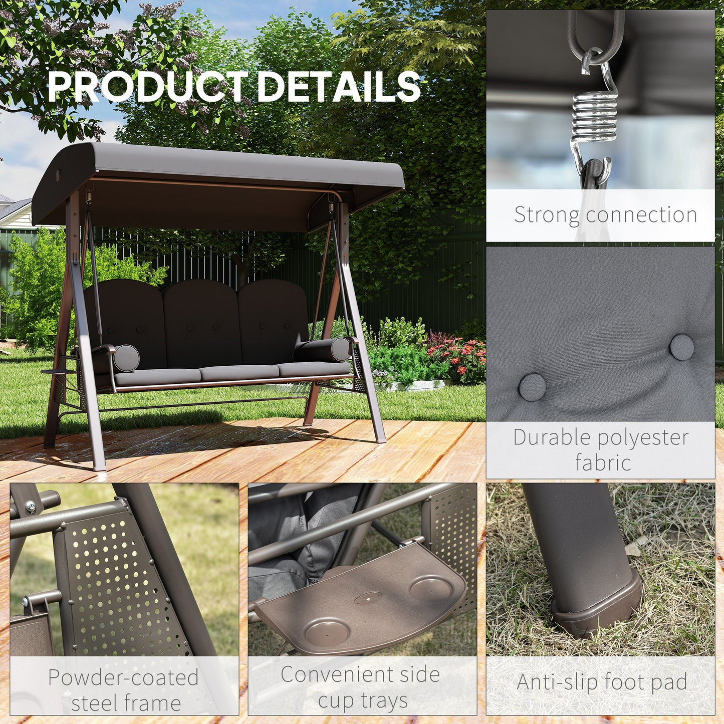 Outsunny Three Seater Garden Swing Chair With Adjustable Canopy Cushions Cup Trays Brown Steel Frame Dark Grey Fabric