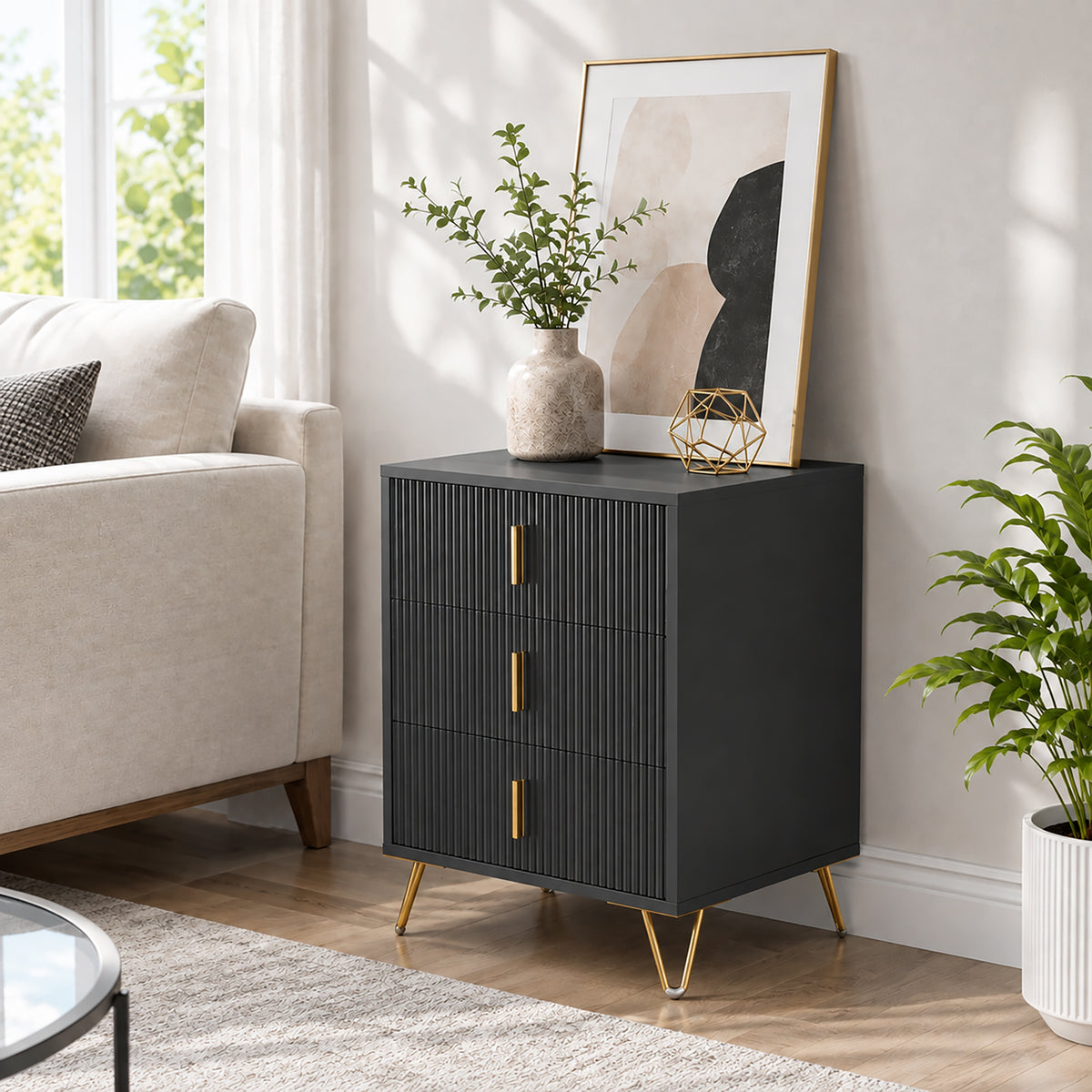 Homcom Modern Fluted 3 Drawer Dresser With Metal Legs For Bedroom Black