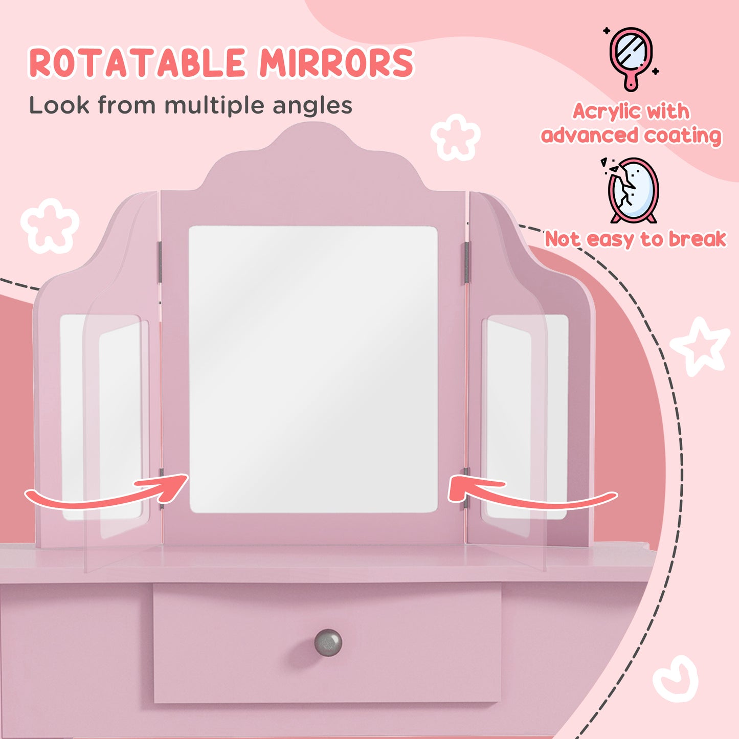 HOMCOM Kids Vanity Table And Chair Set With Tri Folding Mirror Pink Makeup Dressing Table With Drawer