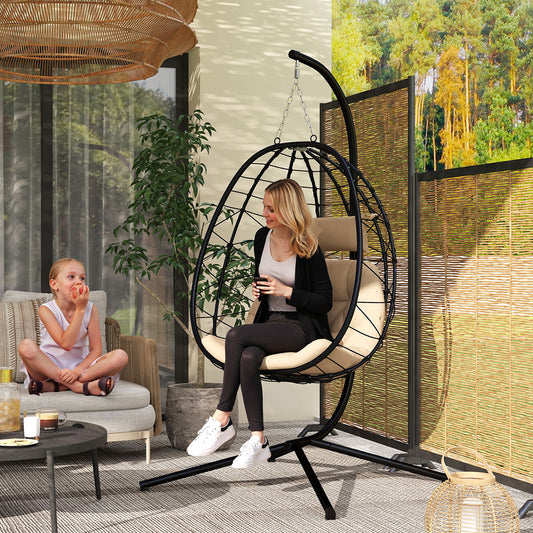 Outsunny Hanging Egg Chair With Stand For Patio Balcony Folding Basket 15cm Thickened Cushion With Headrest Khaki