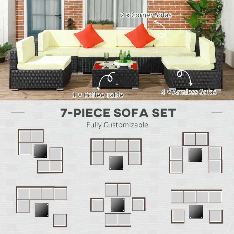 Outsunny 7PC Rattan Garden Furniture Set Coffee Table Buckle Structure, Black - ALL4U RETAILER LTD