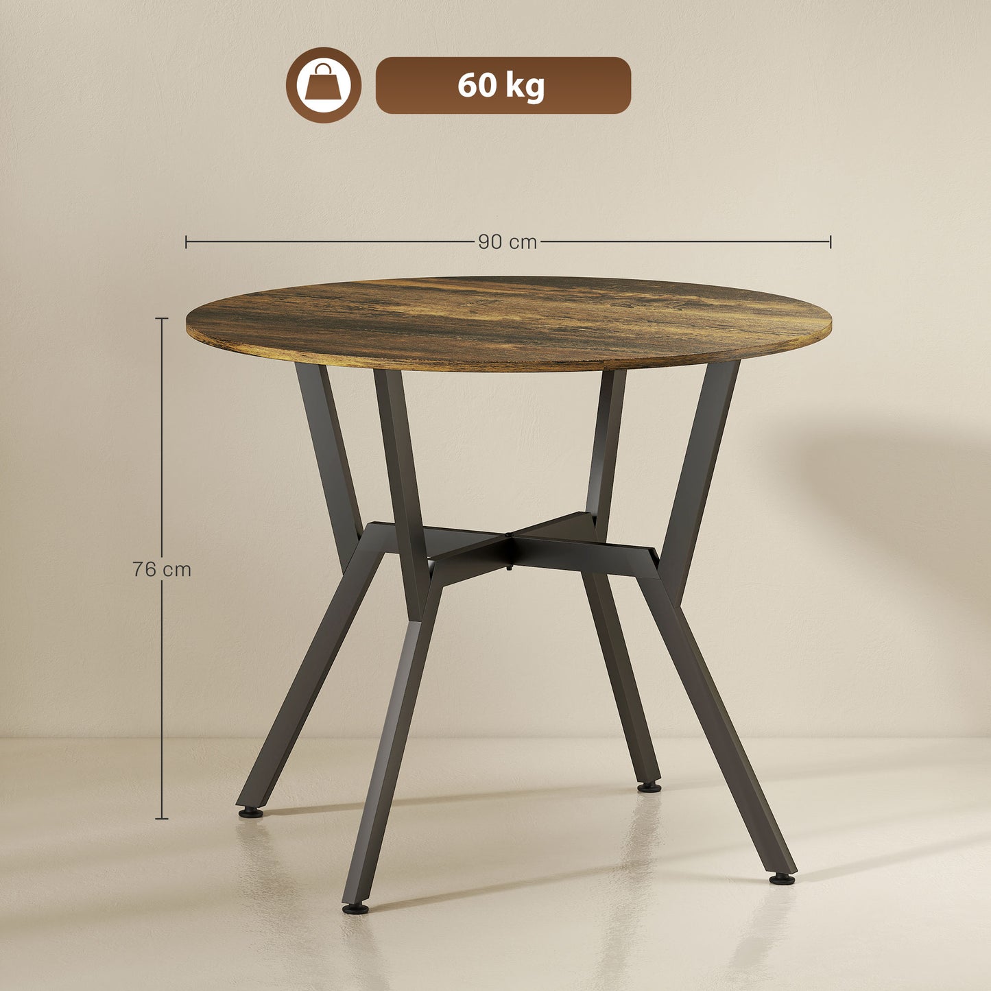 HOMCOM Round Dining Table With Black Legs Rustic Brown 90 By 76 Cm Anti Slip Foot Pads For Living Room And Dining Room