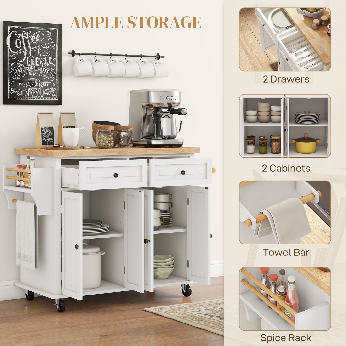 HOMCOM Rolling Kitchen Island Storage Trolley With Rubber Wood Top 2 Drawers 2 Cabinets Towel Bar Cream White