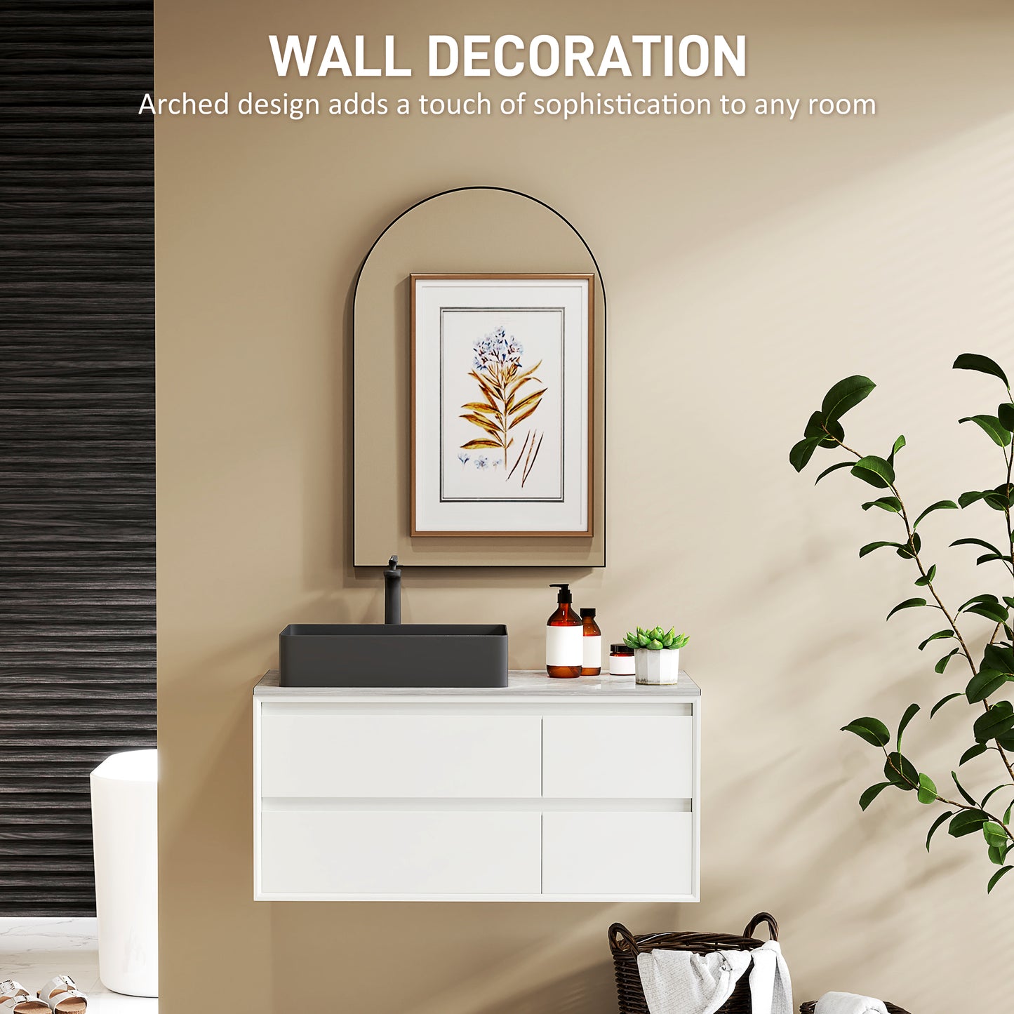 HOMCOM 60 X 90cm Arched Mirror Black With HD Glass And Shatter Resistant Film Plus Mounting Accessories