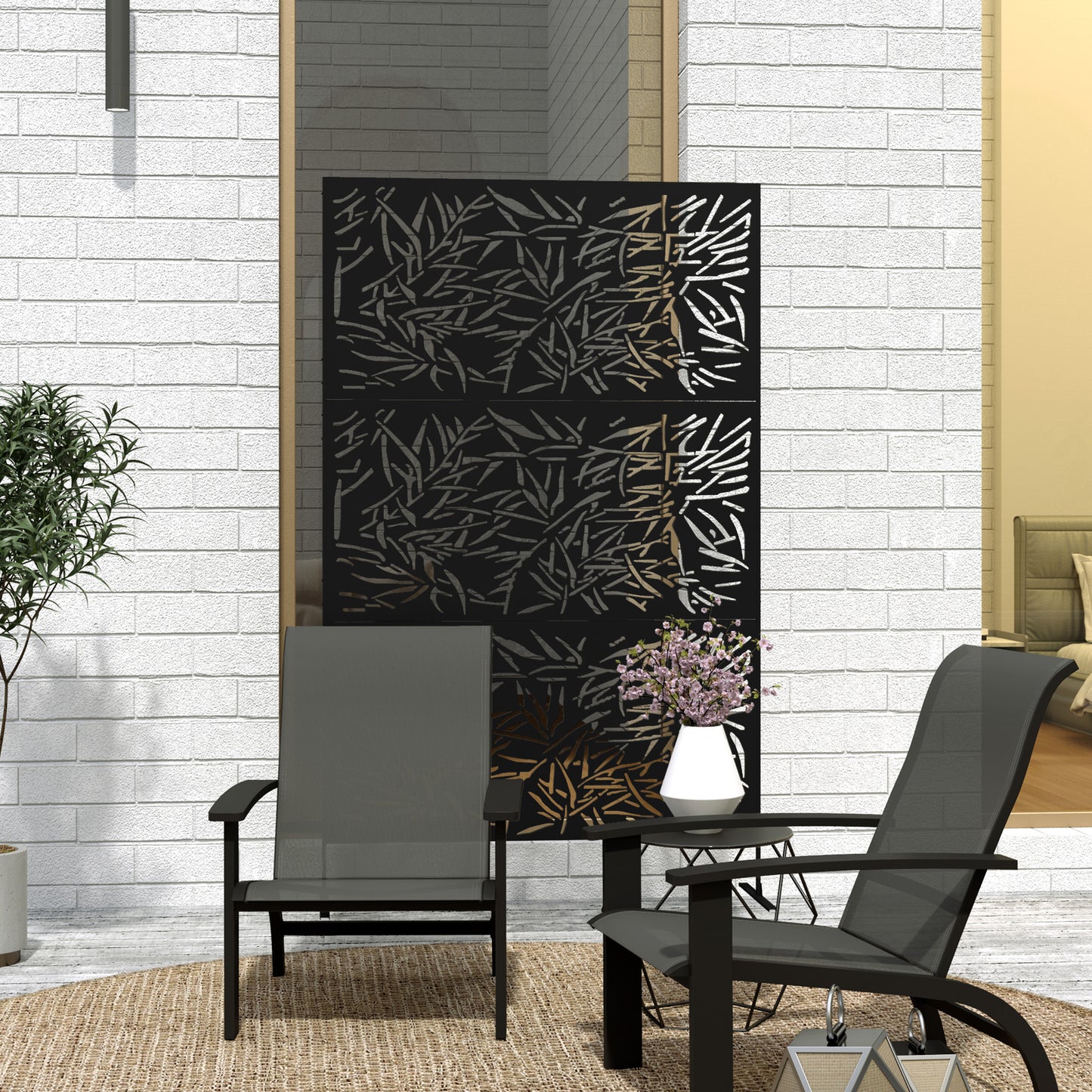 Outsunny 6.5FT Freestanding Garden Privacy Screen With Stand Expansion Screws Bamboo Style Metal Panel Black