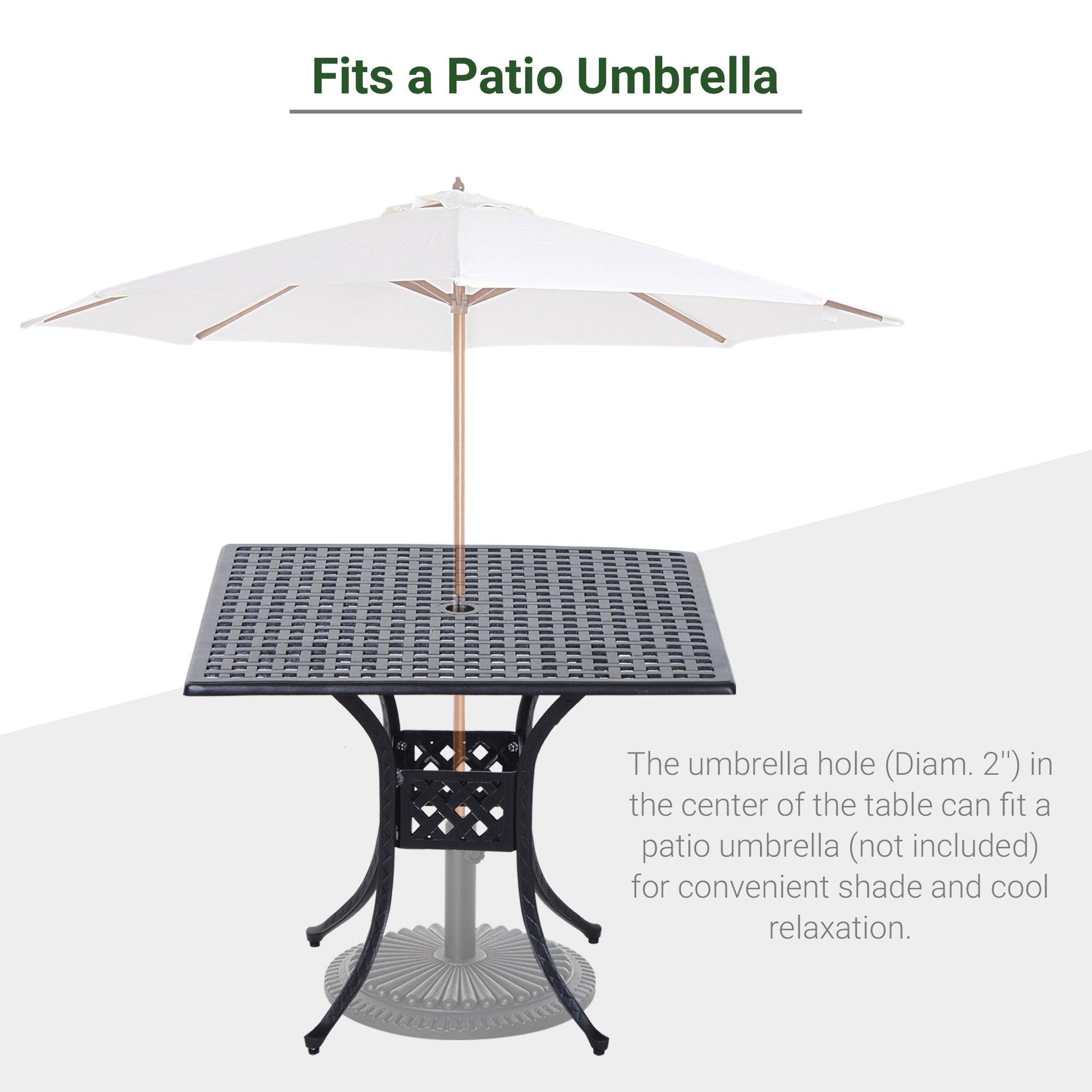 Outsunny 90cm Square Garden Table with Umbrella Hole, Aluminium Grid Motif Outdoor Dining Table for Garden Patio, Black - ALL4U RETAILER LTD