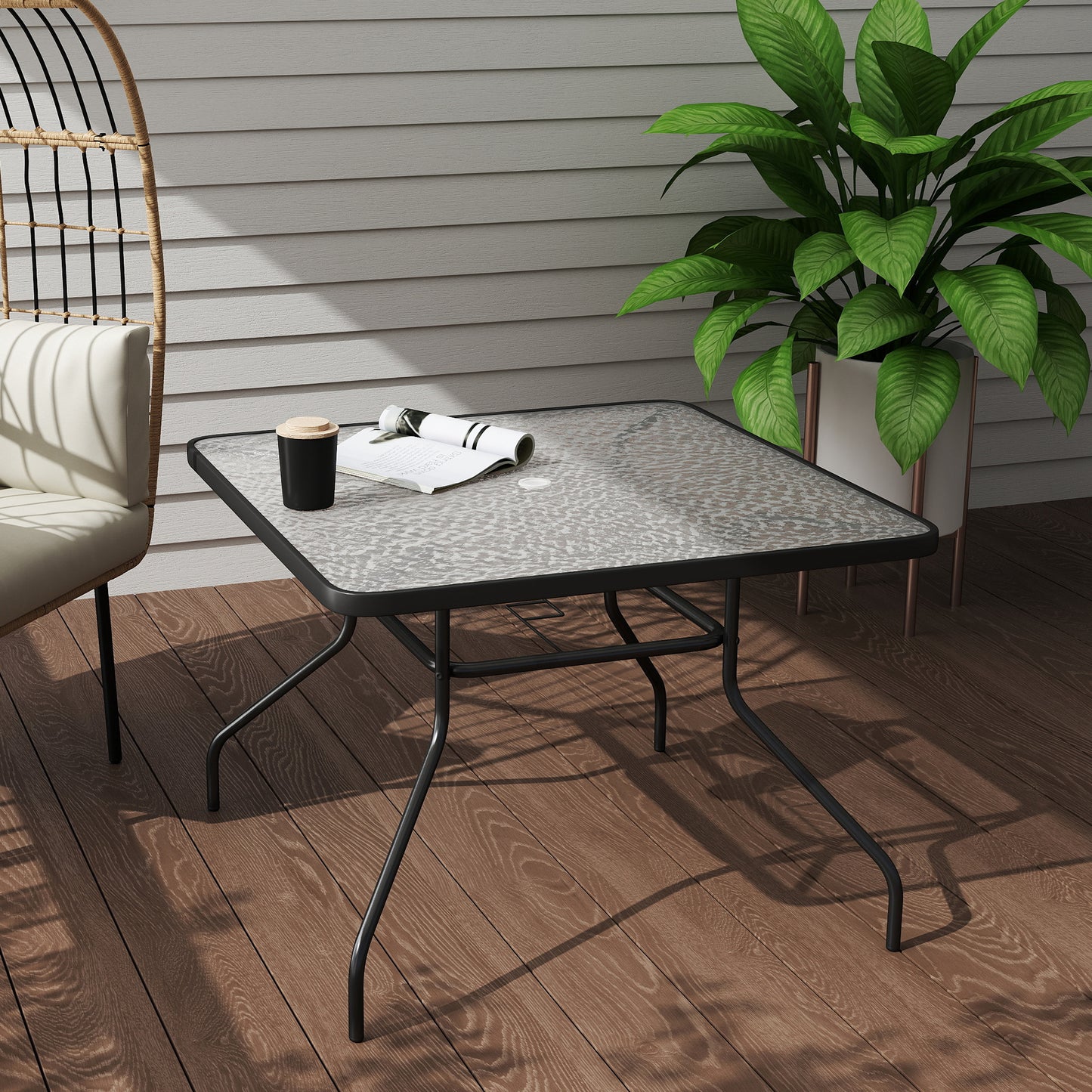 Outsunny Square Garden Dining Table With Tempered Glass Top And Umbrella Hole 100 X 100 Cm