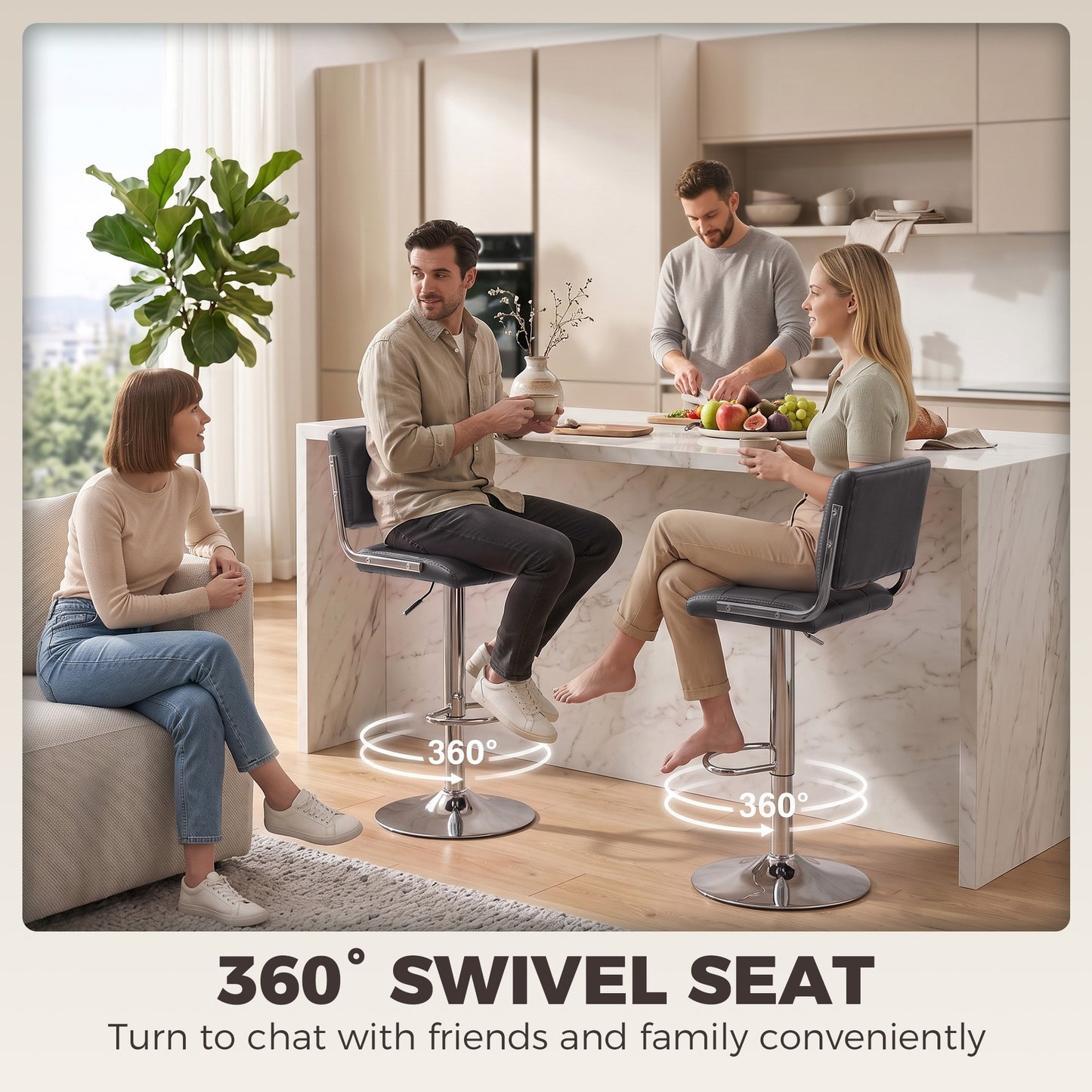 Grey PU bar stools with backrests and chrome bases, 360° swivel seat design