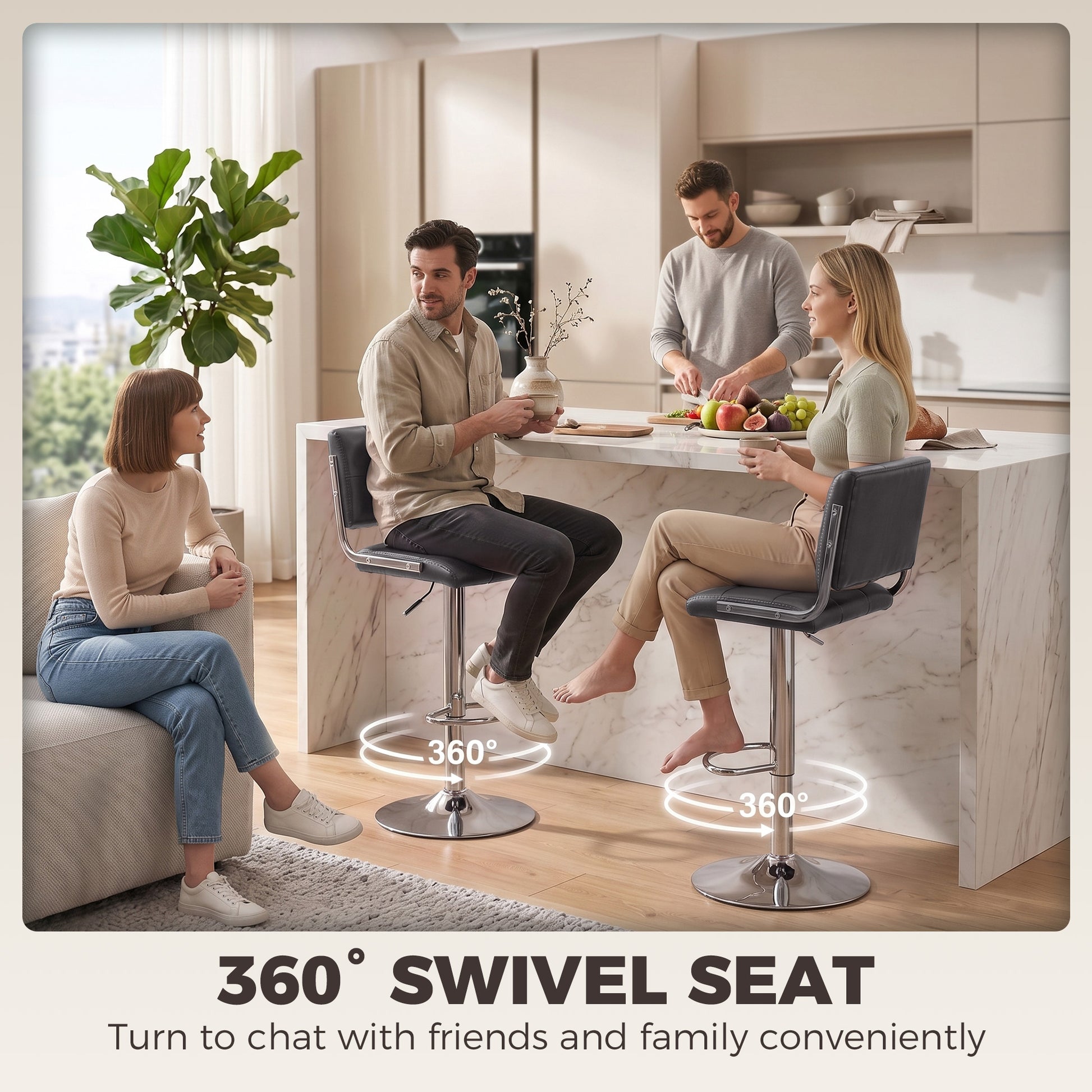 Grey PU bar stools with backrests and chrome bases, 360° swivel seat design