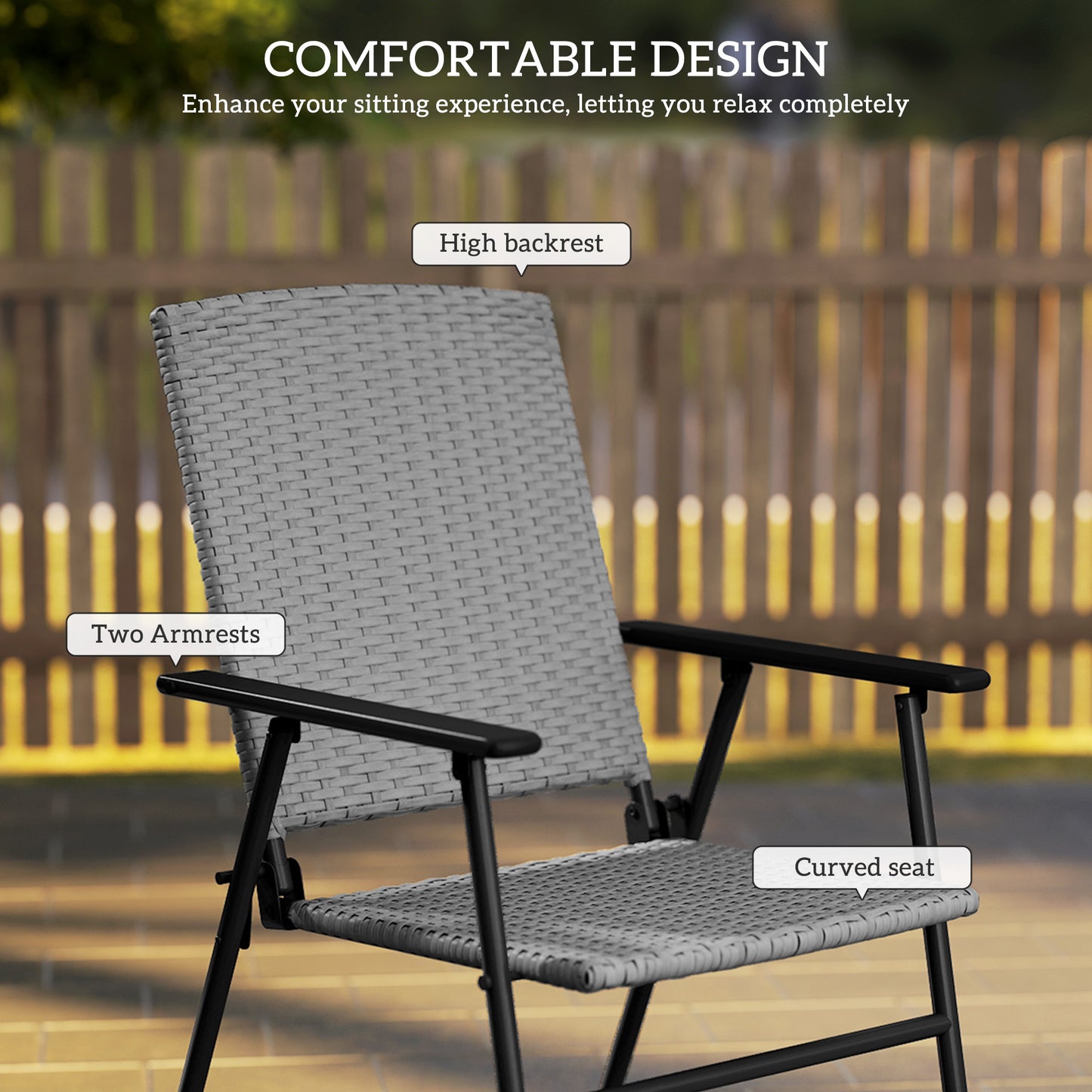 Outsunny Folding Rattan Chairs Set Of Two Outdoor Grey Weather Resistant Steel Frame Patio Seating