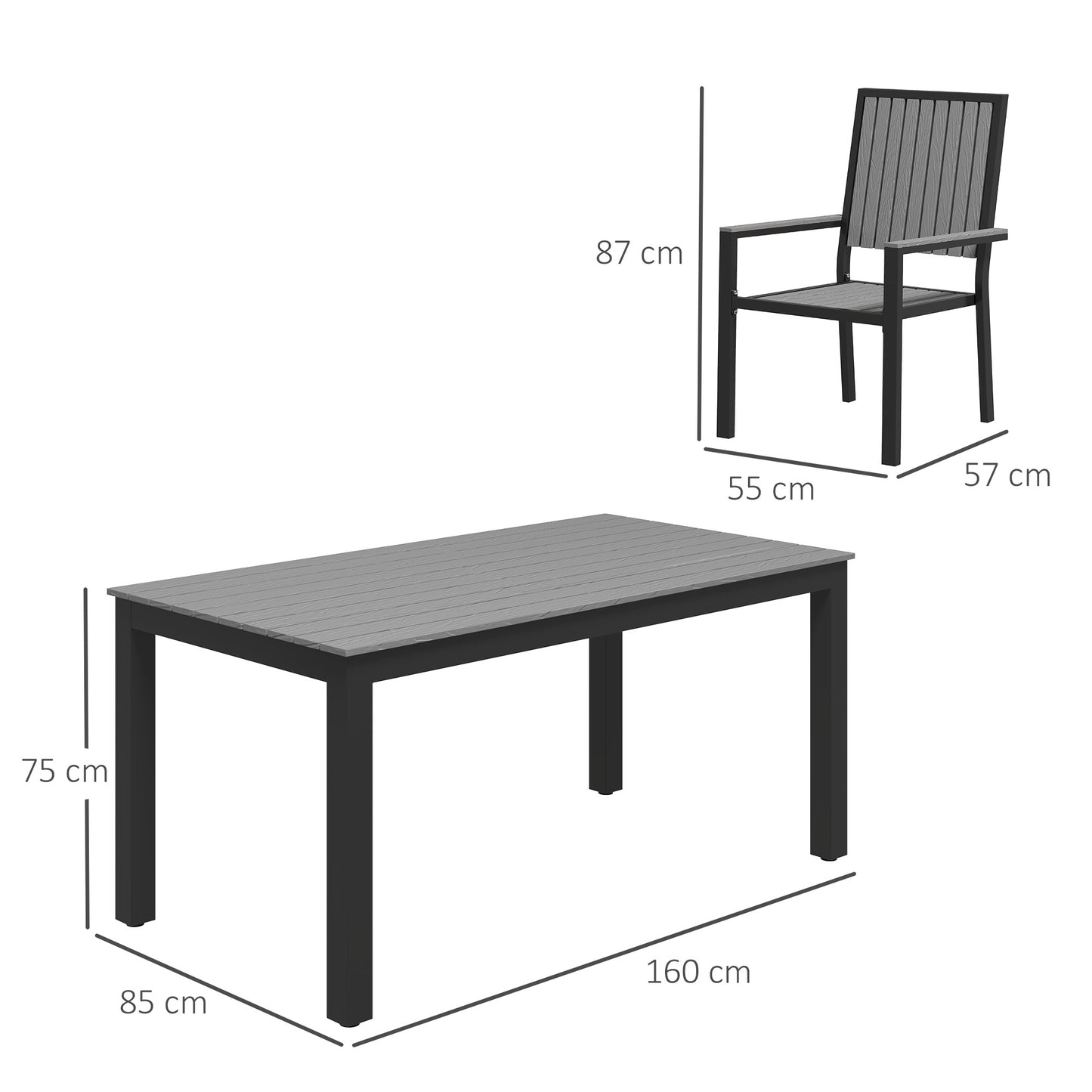 Outsunny 6 Seater Garden Dining Set With Stackable Chairs Aluminium Frame Rectangular Plastic Top Outdoor Patio Grey