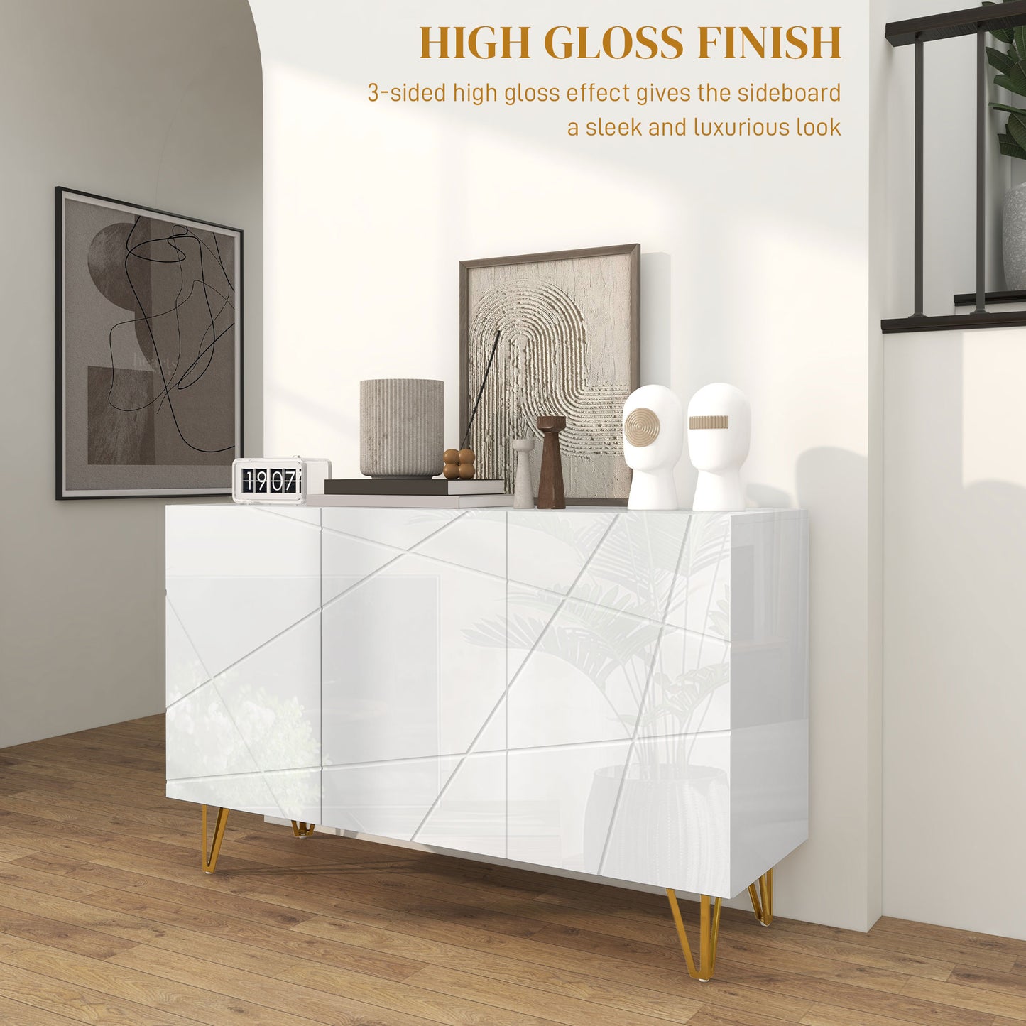 HOMCOM Elegant High Gloss Freestanding Sideboard with Adjustable Shelves and Gold Hairpin Legs - Storage Cabinet - ALL4U RETAILER LTD