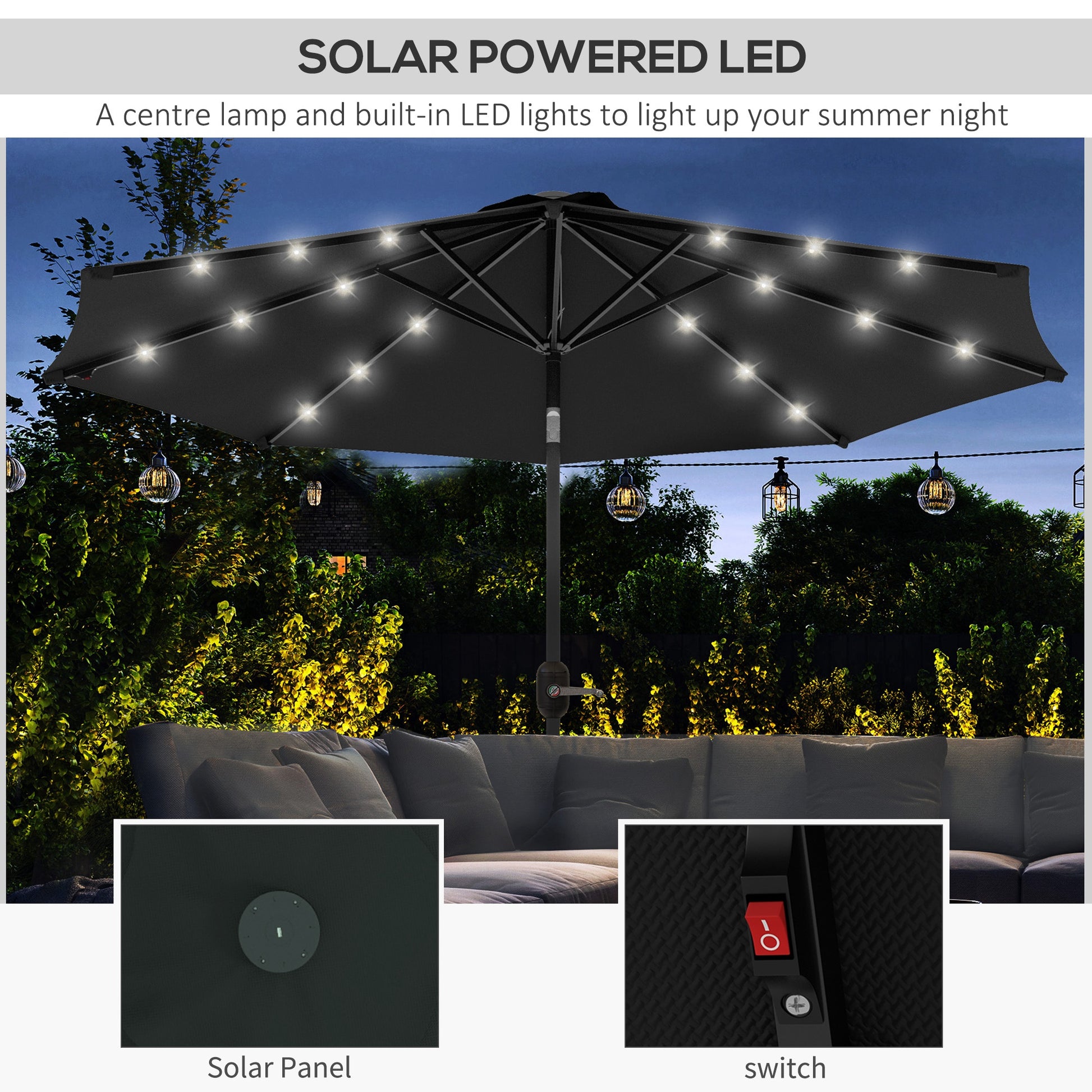 Outsunny 2.7m Black Patio Umbrella with Solar LED Lights and Tilt Function - ALL4U RETAILER LTD