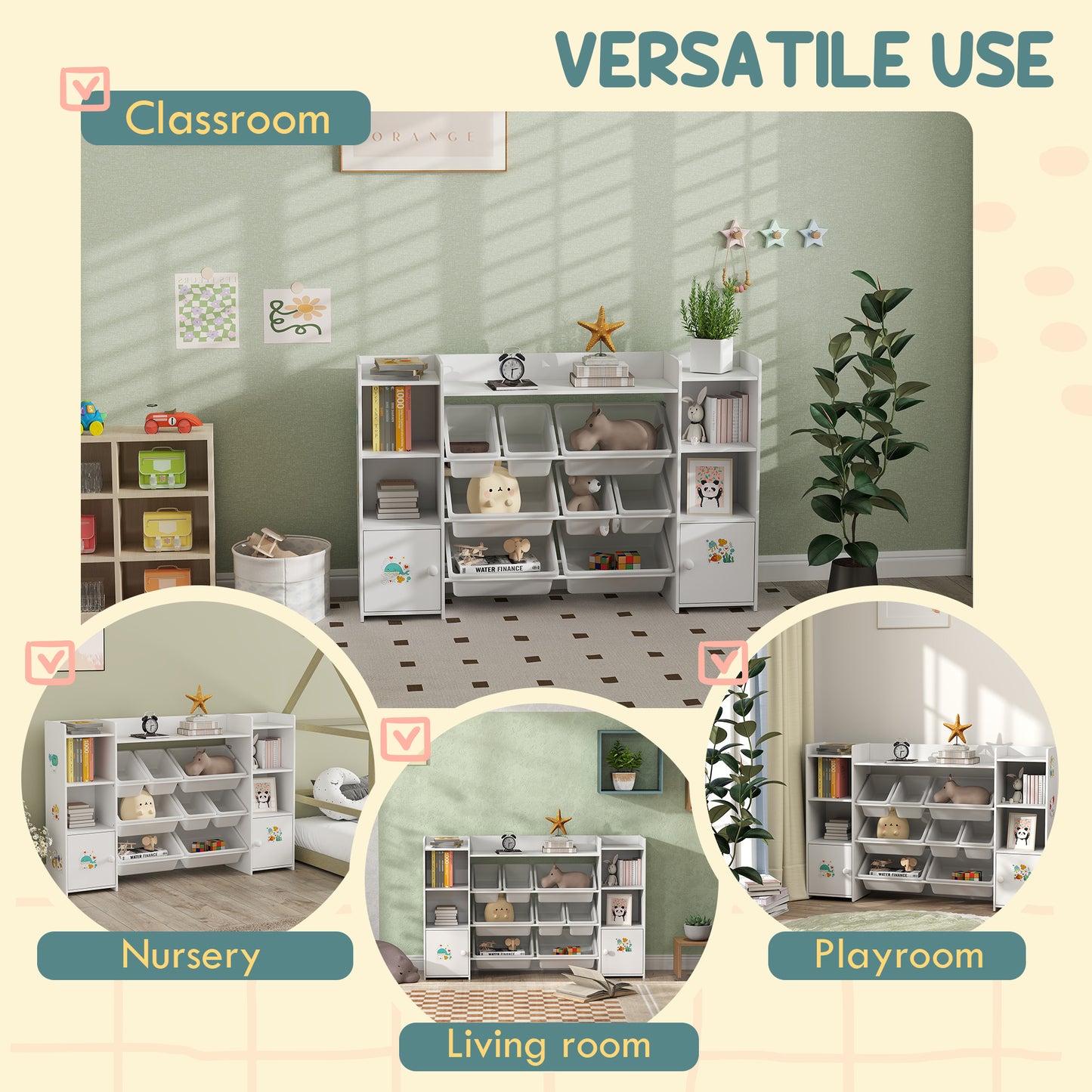 AIYAPLAY 3 In 1 Kids Toy Organizer And Storage With Eight Removable Bins And Bookshelf White