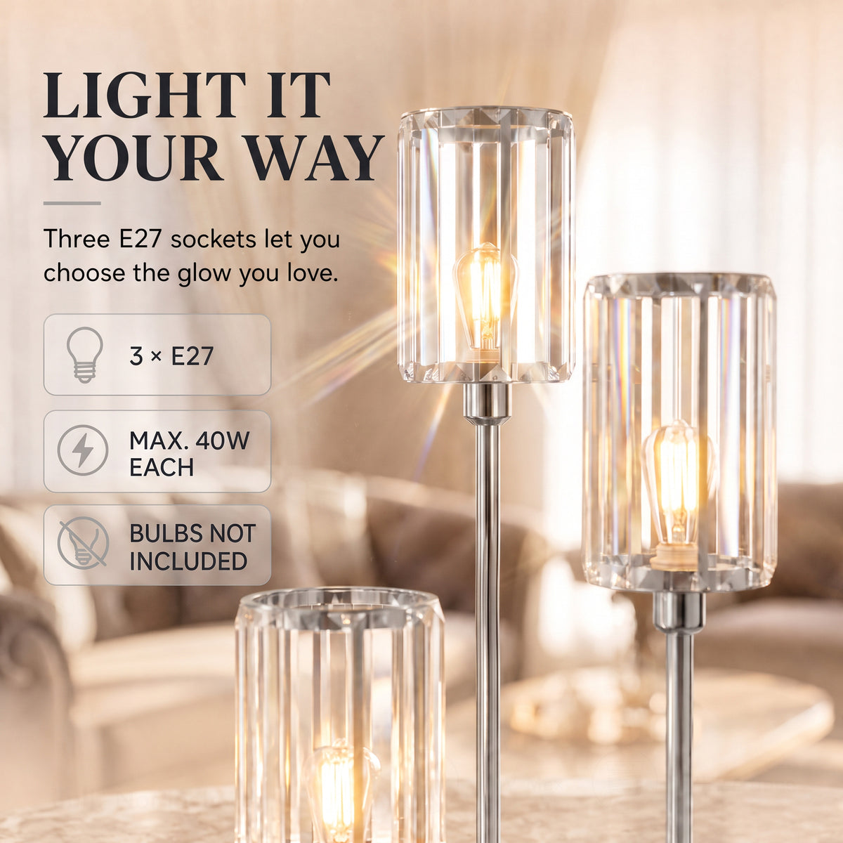Three E27 crystal glass lamp shades on a chrome vertical stand