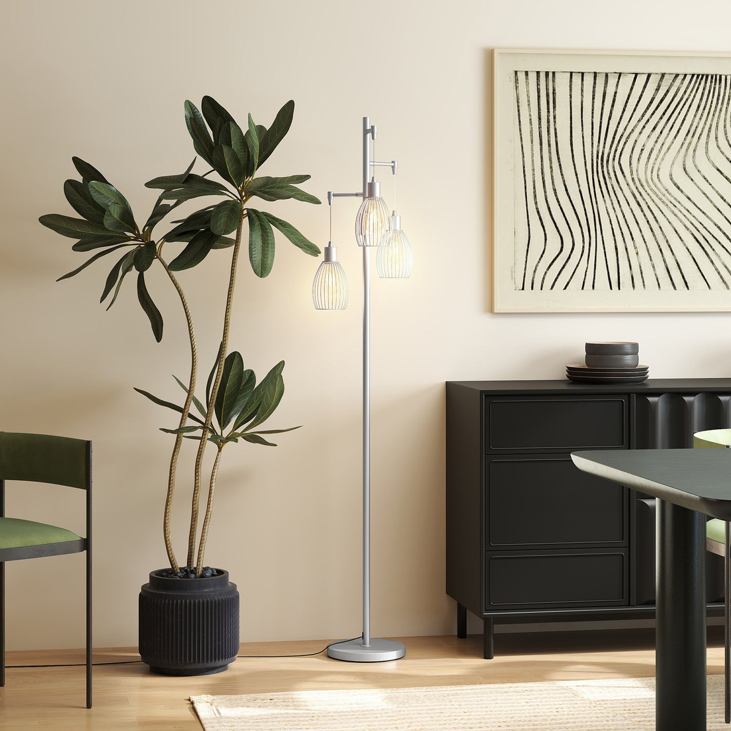 HOMCOM 3 Light Floor Lamp 170cm Dimmable Standing Lamp With Steel Wire Cage Lampshades Living Room Silver Tone