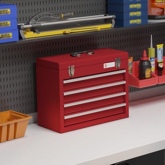 DURHAND Lockable Metal Tool Box, 4 Drawer Tool Chest with Latches, Handle, Ball Bearing Runners, Red - ALL4U RETAILER LTD