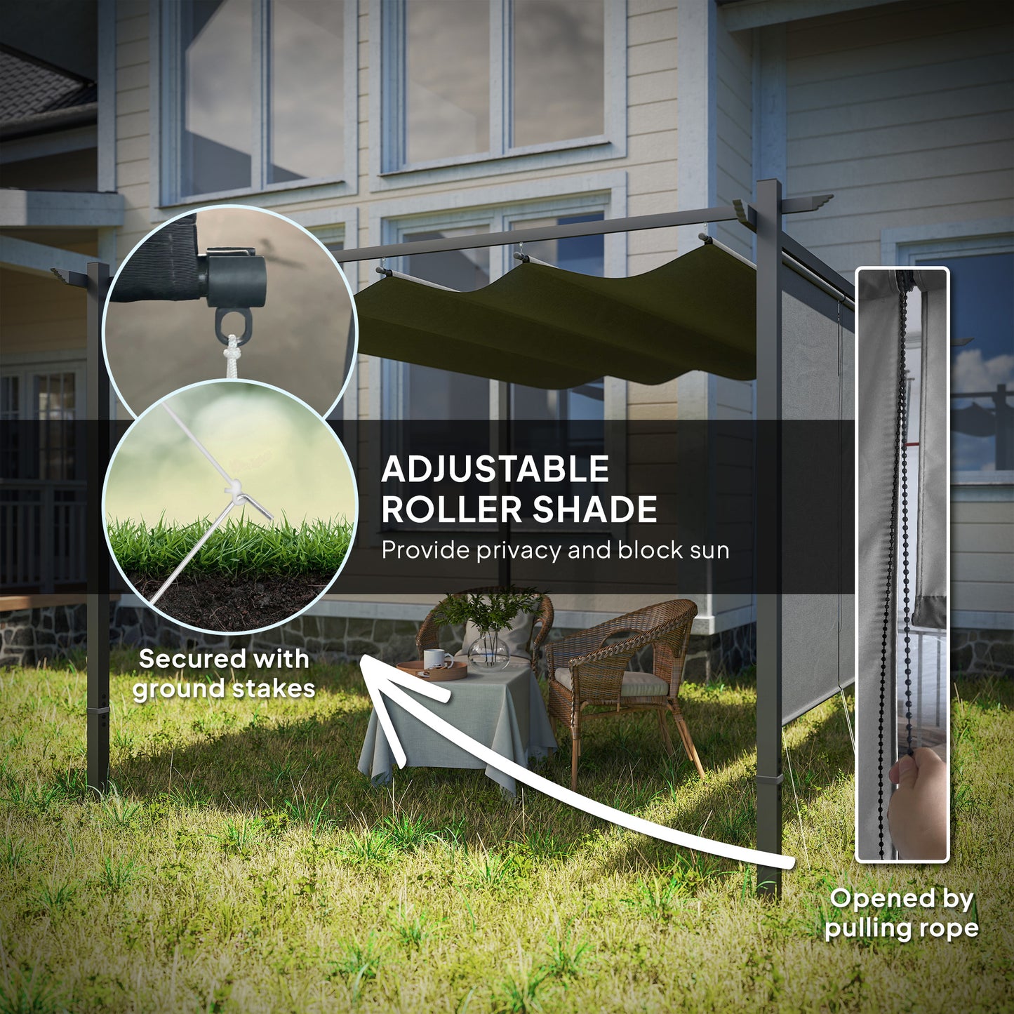 Outsunny 3 By 4m Metal Pergola With Retractable Roof And Roller Shade UPF30 Plus Outdoor Sun Shelter Grey