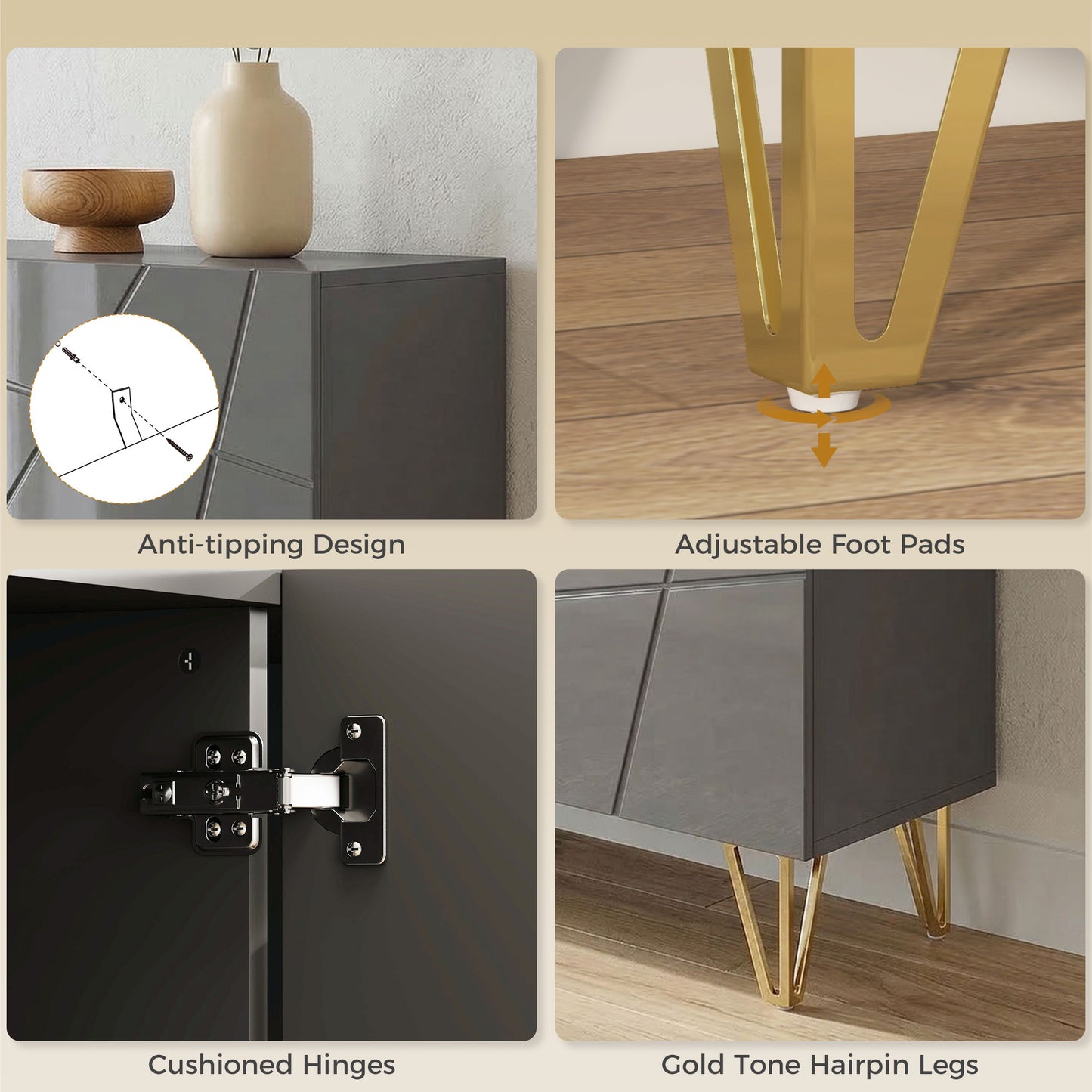 HOMCOM Modern Luxe High Gloss Sideboard with Hairpin Legs in Grey Gold Colored Finish with Two Large Storage Areas
