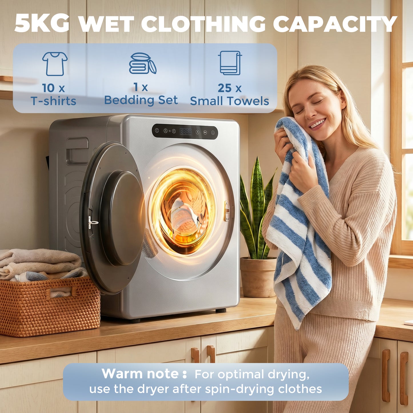 HOMCOM 5Kg Compact Tumble Dryer 40 To 60C 1000W Hygiene Care System Smart Anti Crease Reverse Tumbling