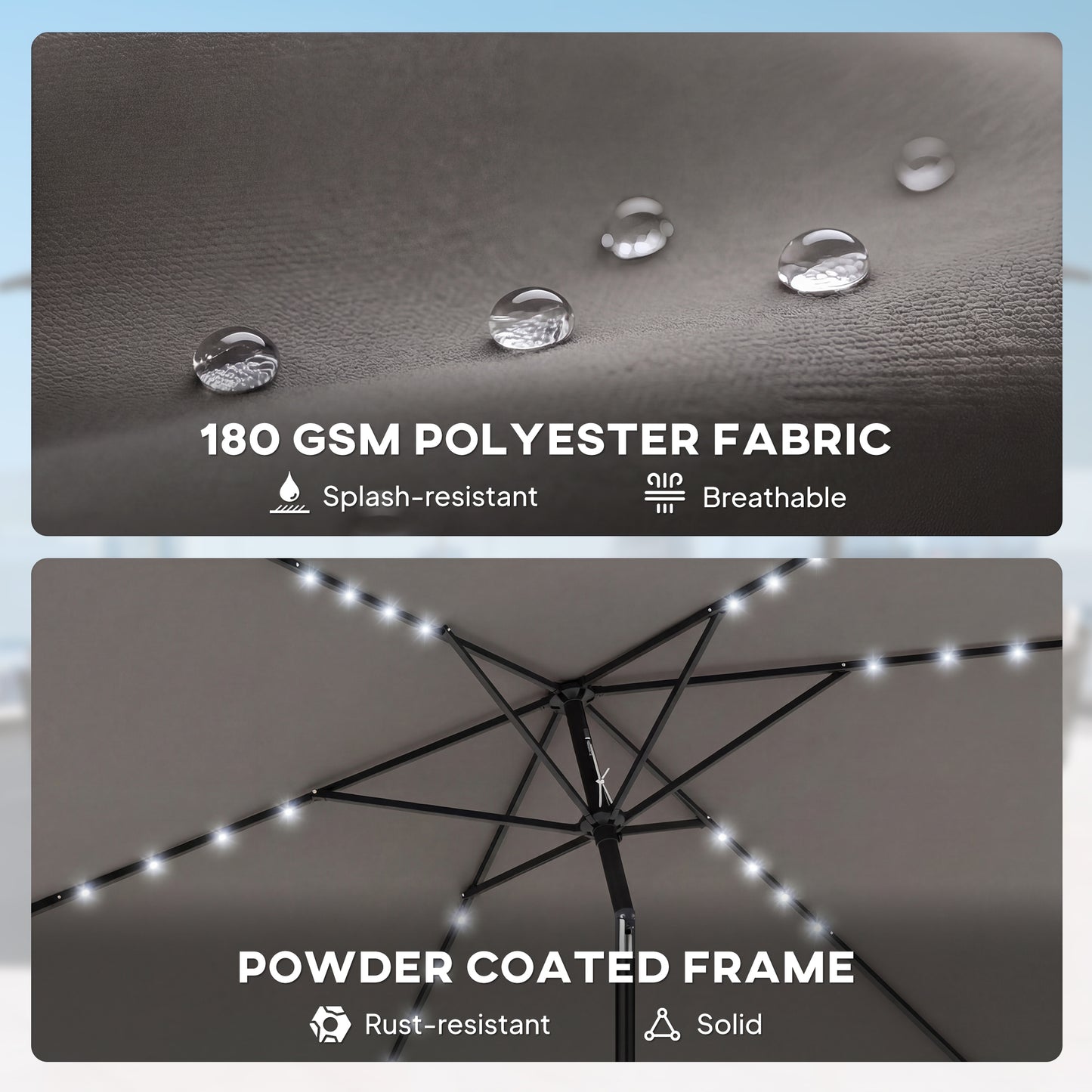 Outsunny 3x2m Garden Parasol Umbrella With LED Solar Light Parasol Cover Outdoor Market Patio Umbrella Dark Grey
