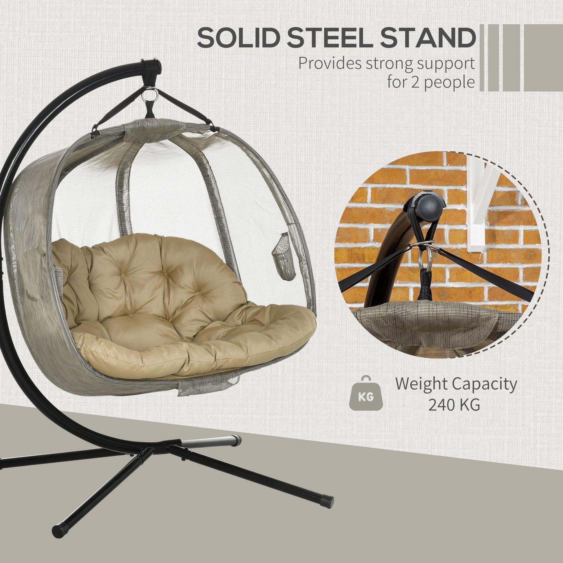 Outsunny Double Hanging Egg Chair Swing with Stand, Cushion - Brown - ALL4U RETAILER LTD